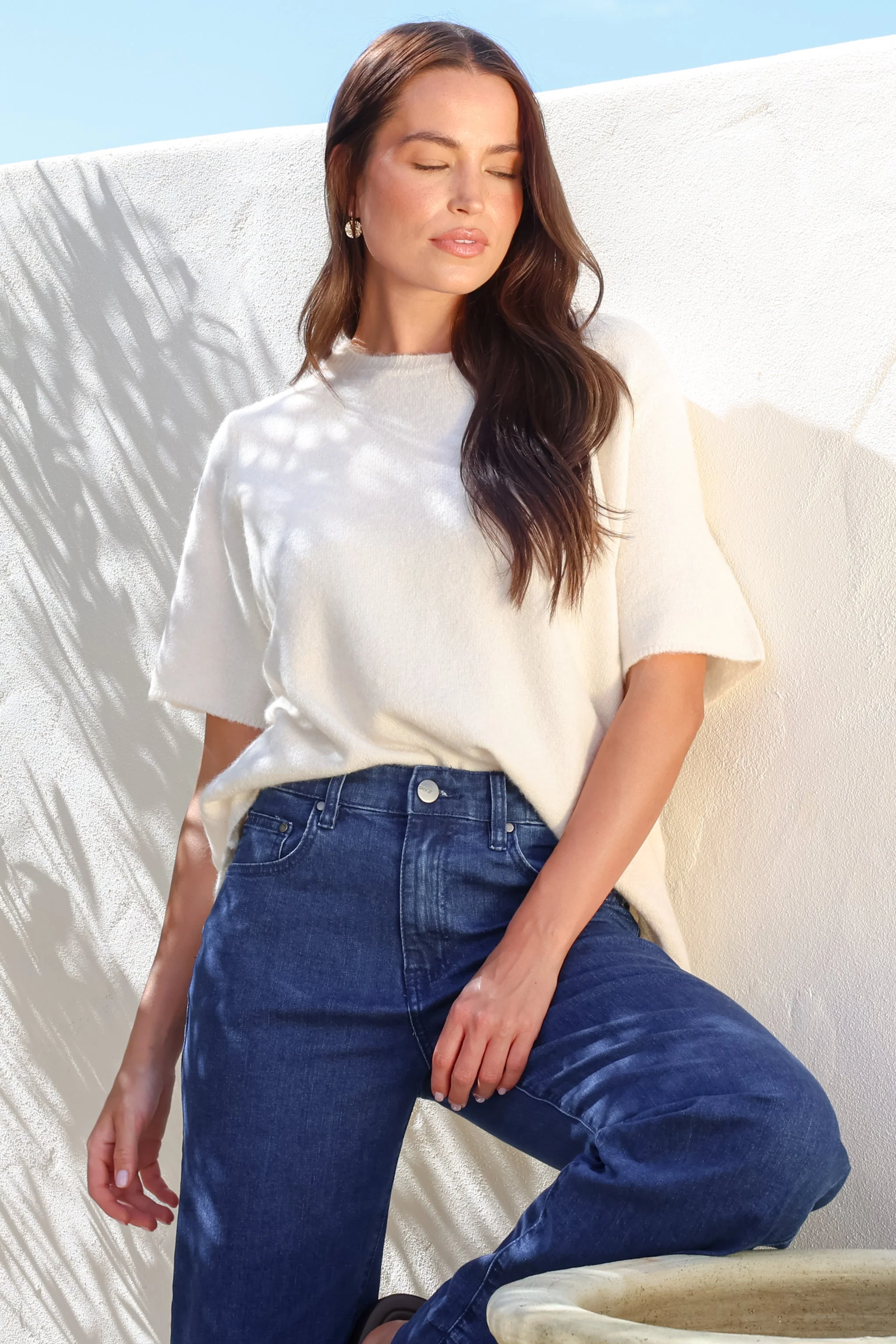 Fable Knit Top - Crew Neck Relaxed Super Soft Knit Tee in Cream - Image 6