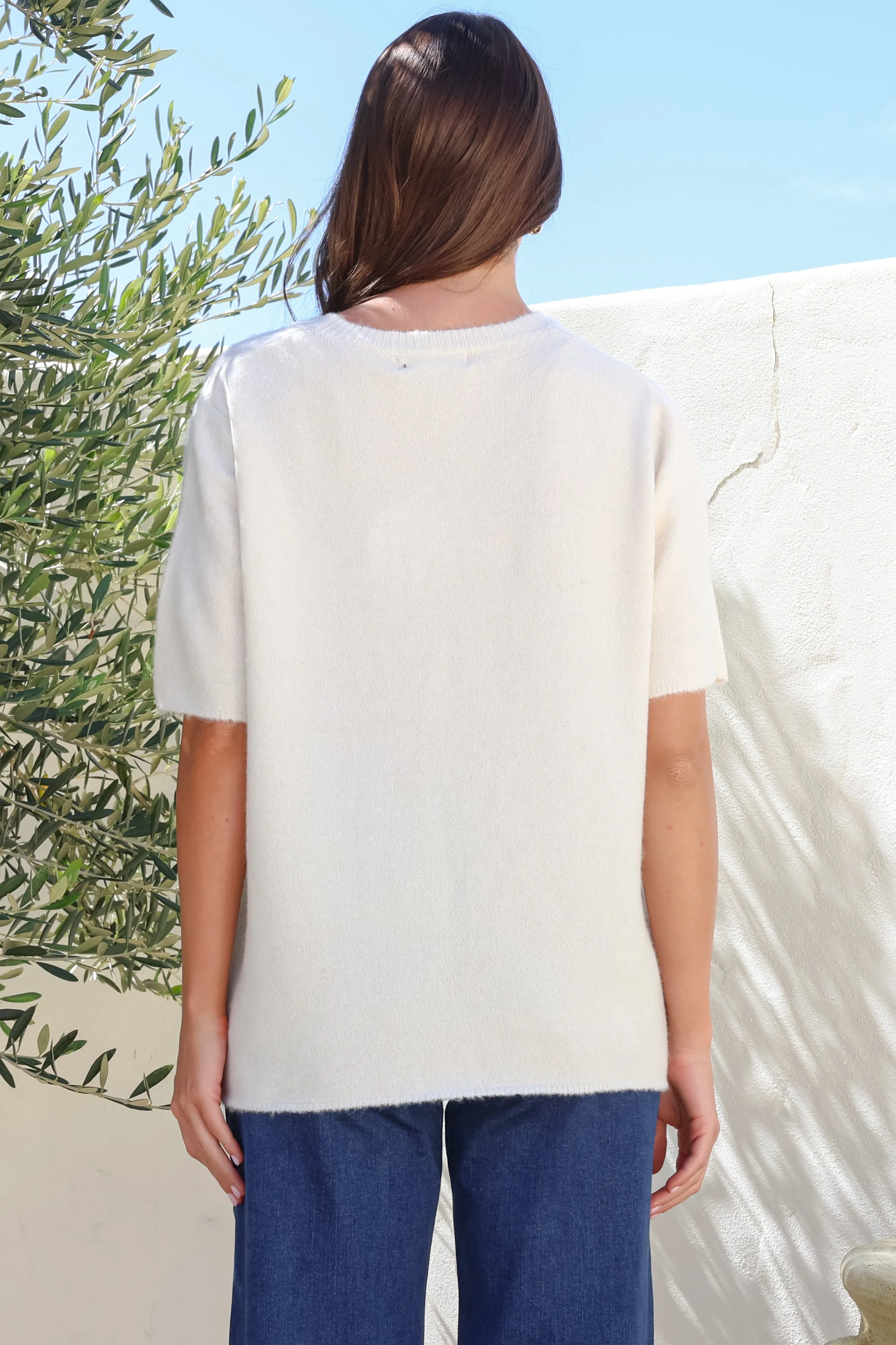 Fable Knit Top - Crew Neck Relaxed Super Soft Knit Tee in Cream - Image 8