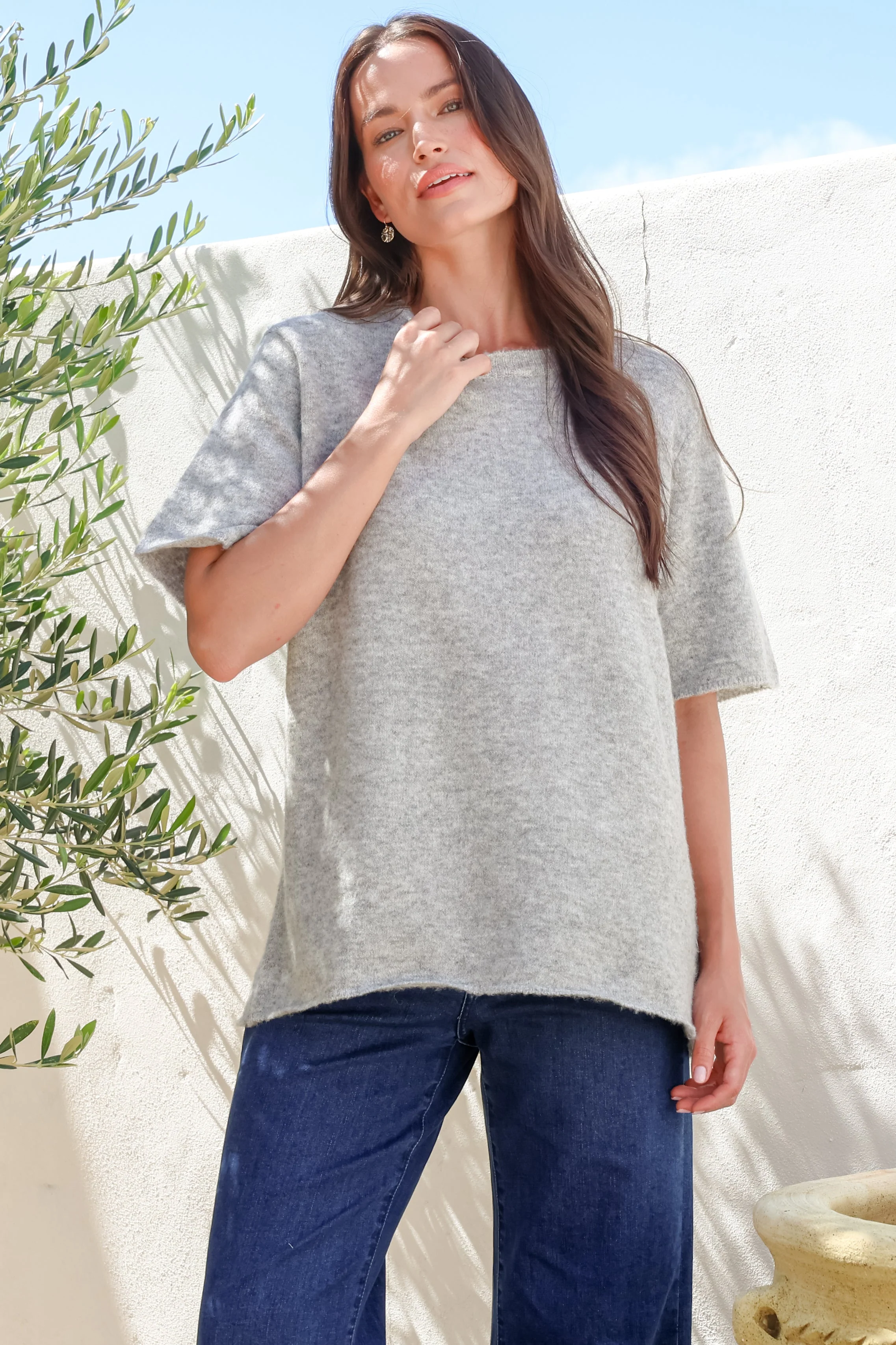 Fable Knit Top - Crew Neck Relaxed Super Soft Knit Tee in Grey Marle - Image 4