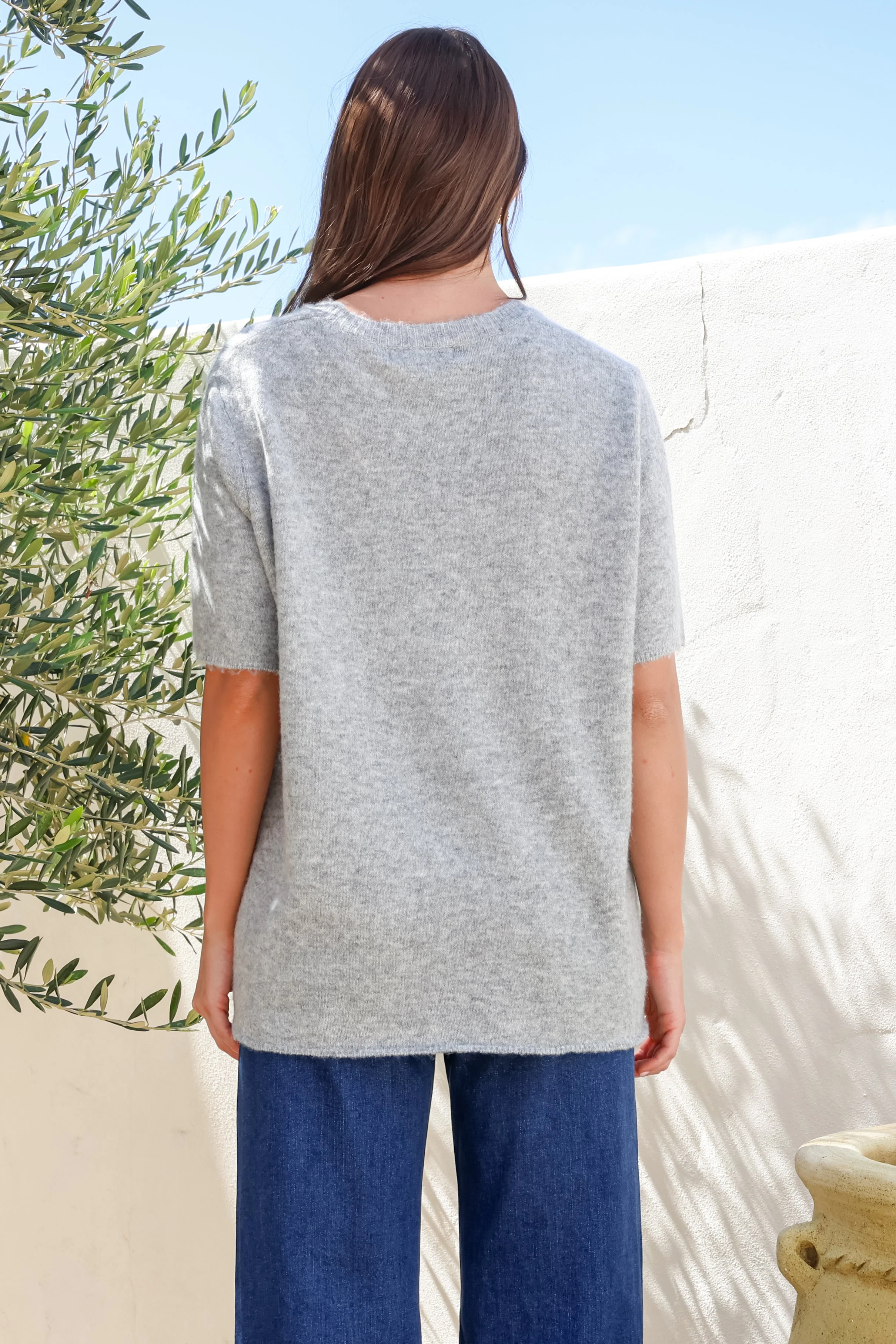 Fable Knit Top - Crew Neck Relaxed Super Soft Knit Tee in Grey Marle - Image 9