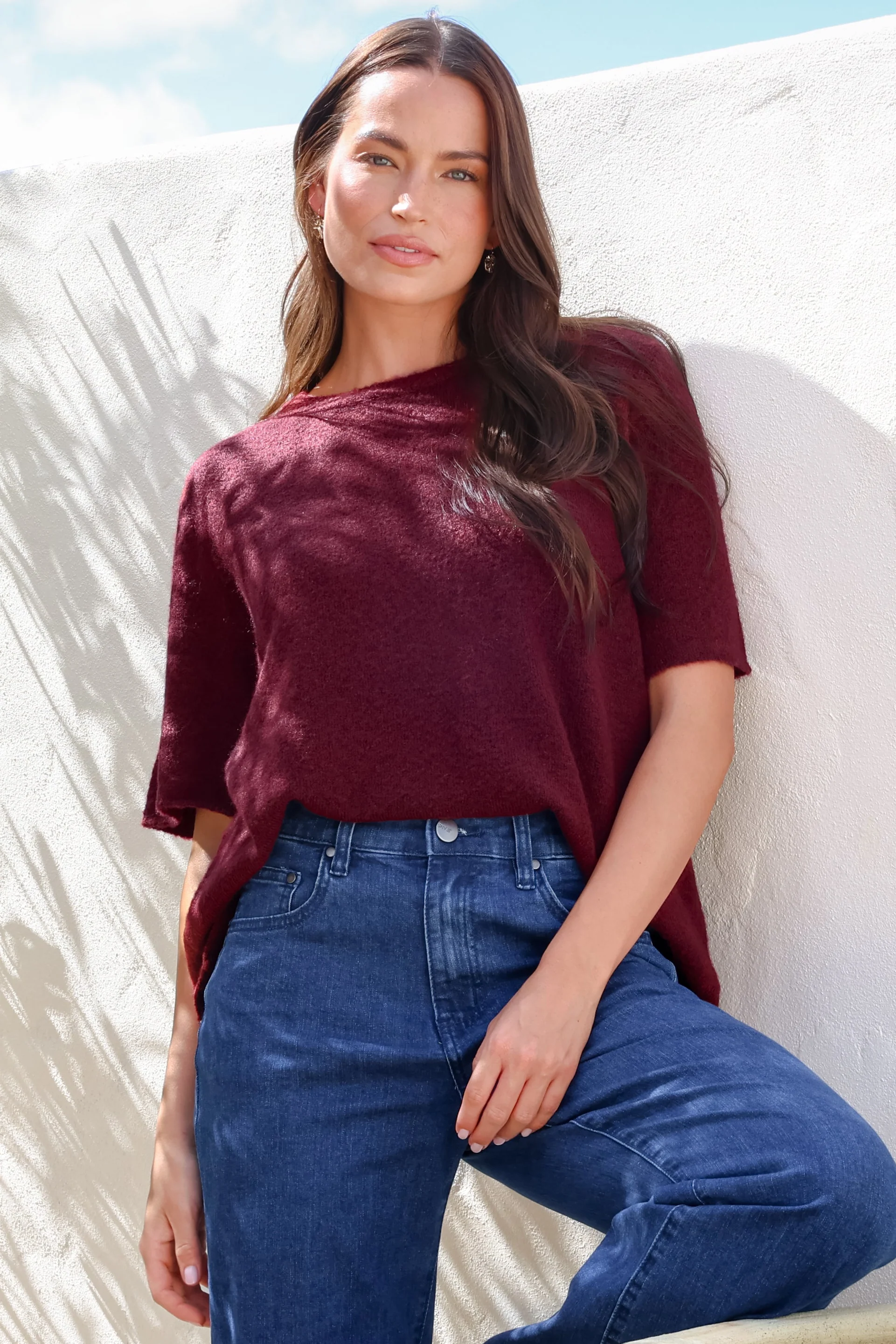 Fable Knit Top - Crew Neck Relaxed Super Soft Knit Tee in Wine - Image 2