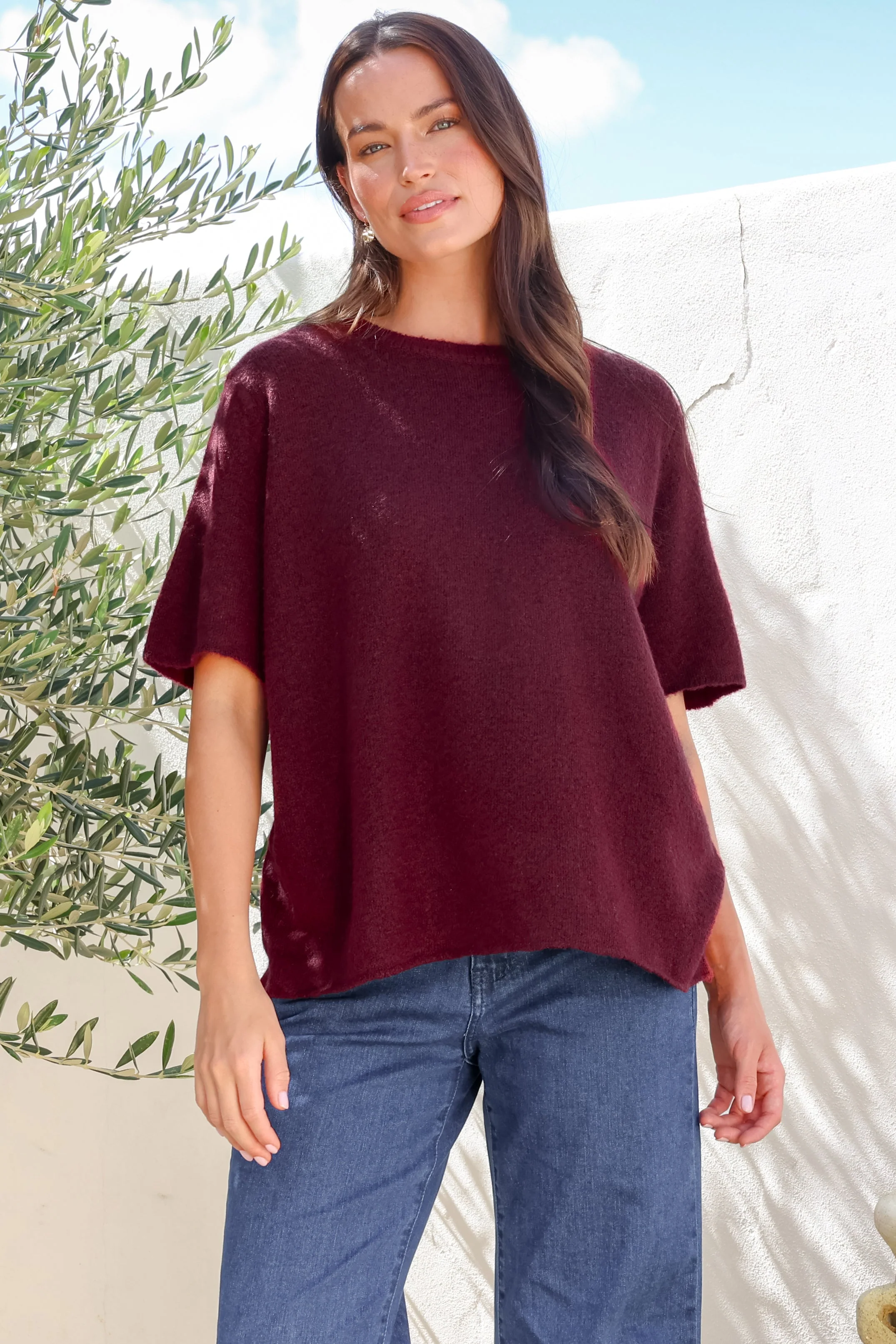 Fable Knit Top - Crew Neck Relaxed Super Soft Knit Tee in Wine - Image 3