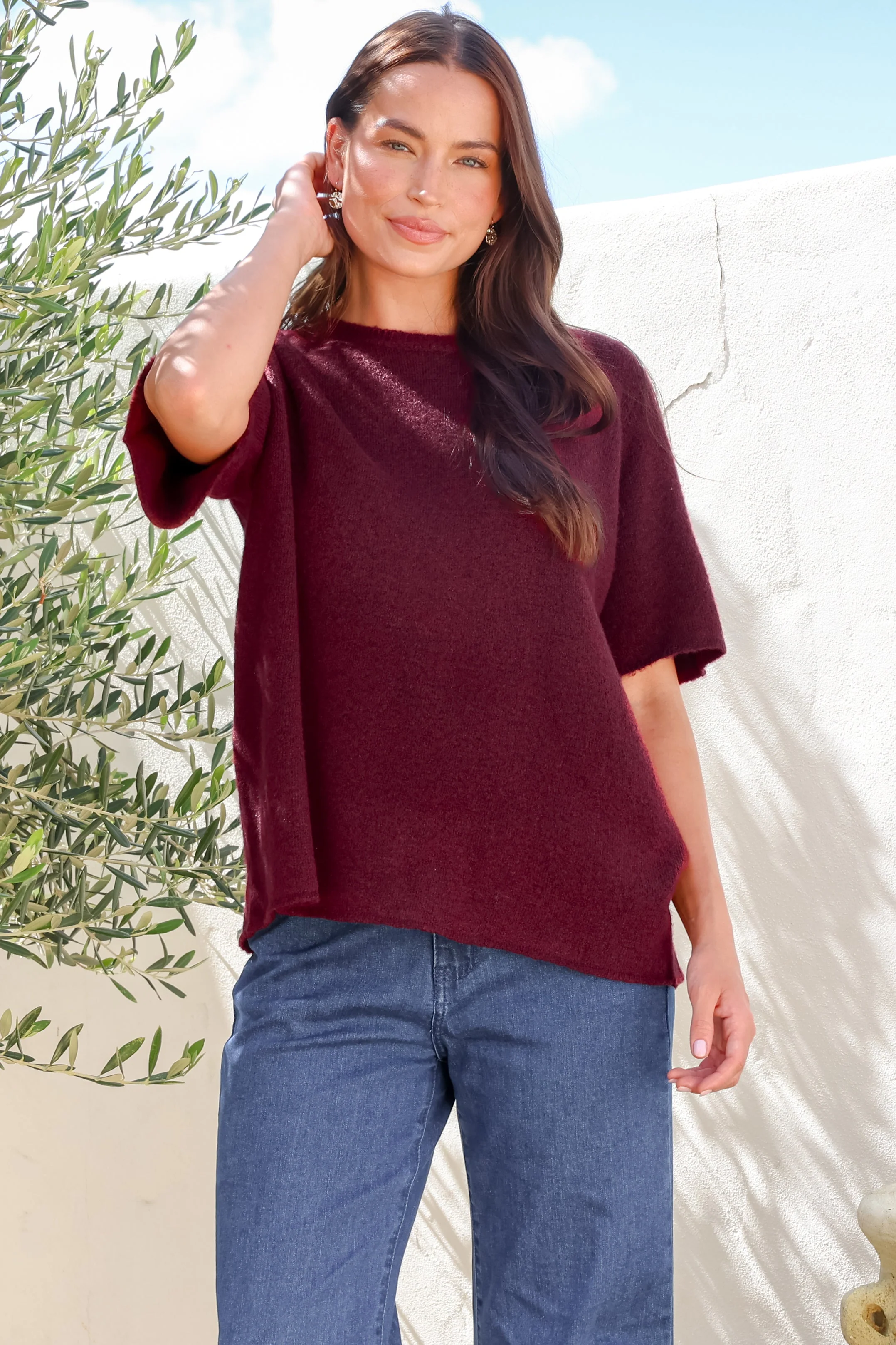 Fable Knit Top - Crew Neck Relaxed Super Soft Knit Tee in Wine - Image 5