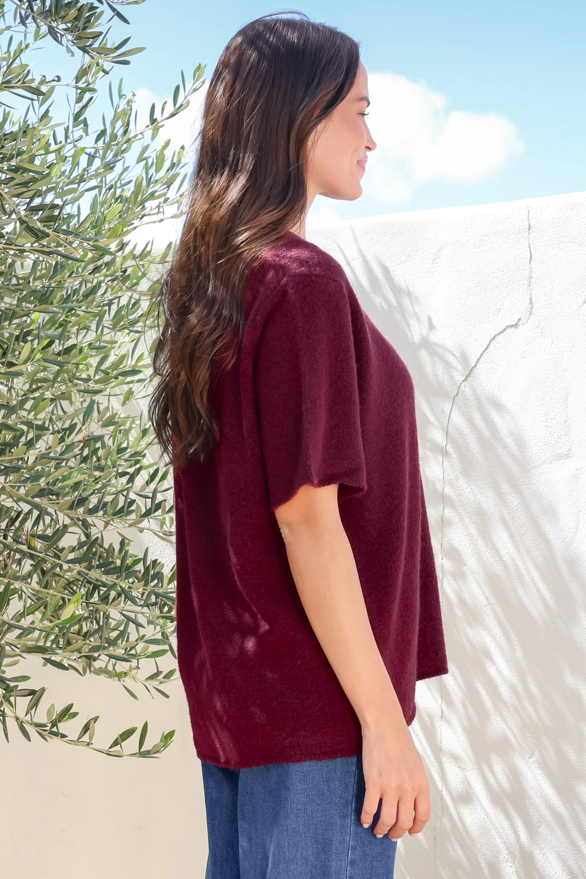Fable Knit Top - Crew Neck Relaxed Super Soft Knit Tee in Wine - Image 7