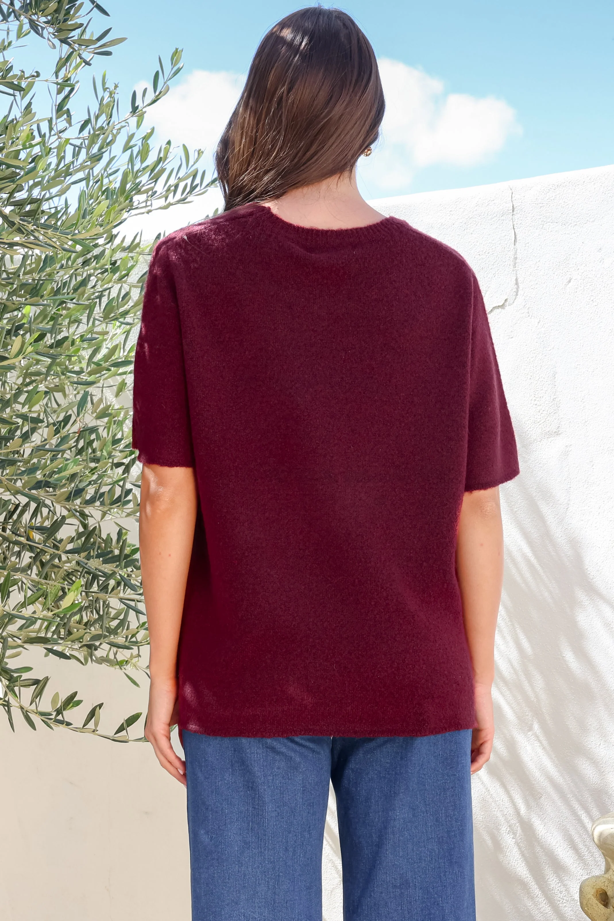Fable Knit Top - Crew Neck Relaxed Super Soft Knit Tee in Wine - Image 8