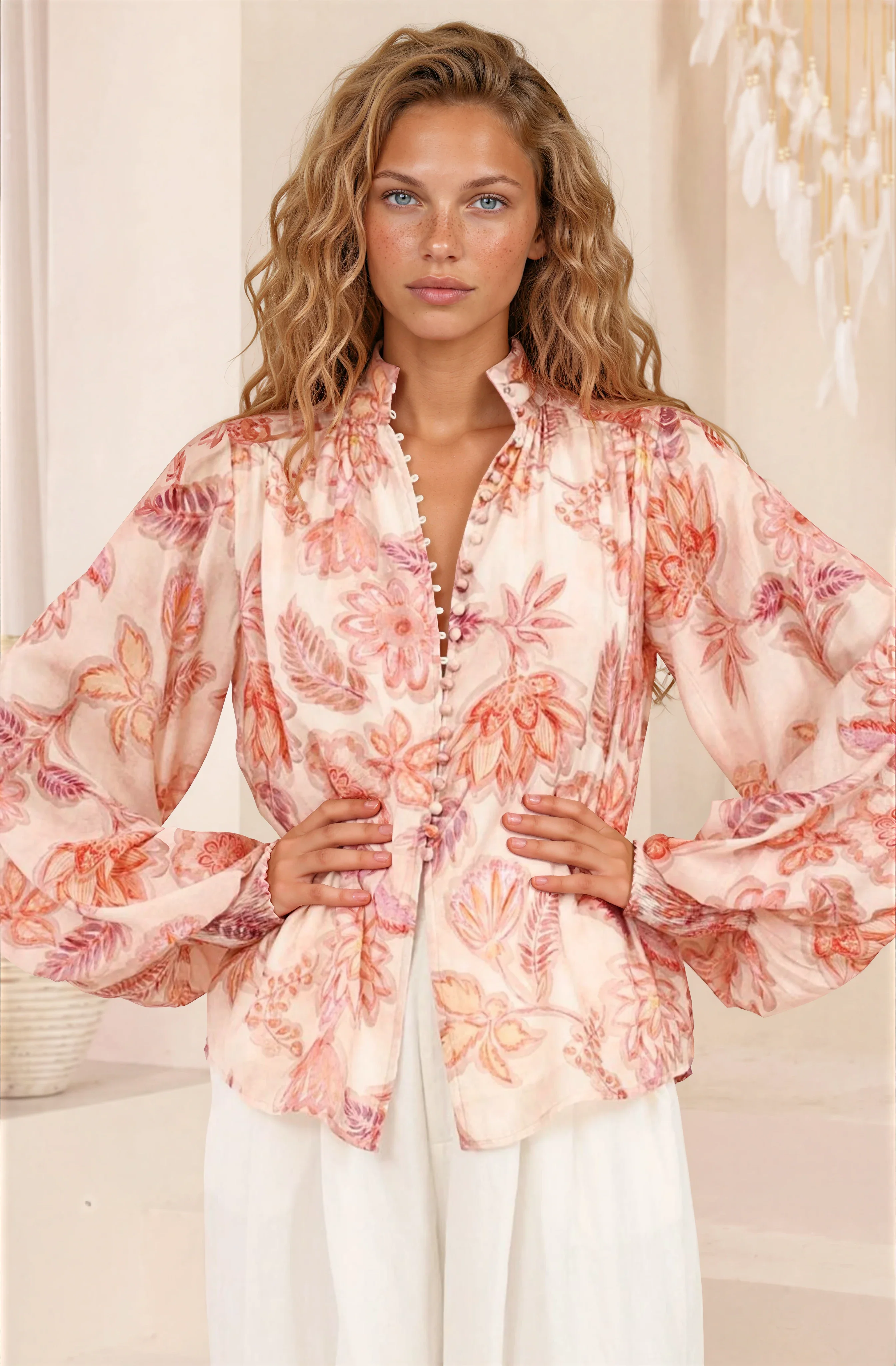 Faye Blouse - Mandarin Collar Balloon Sleeve Button Down Shirt in Rory Print Pink