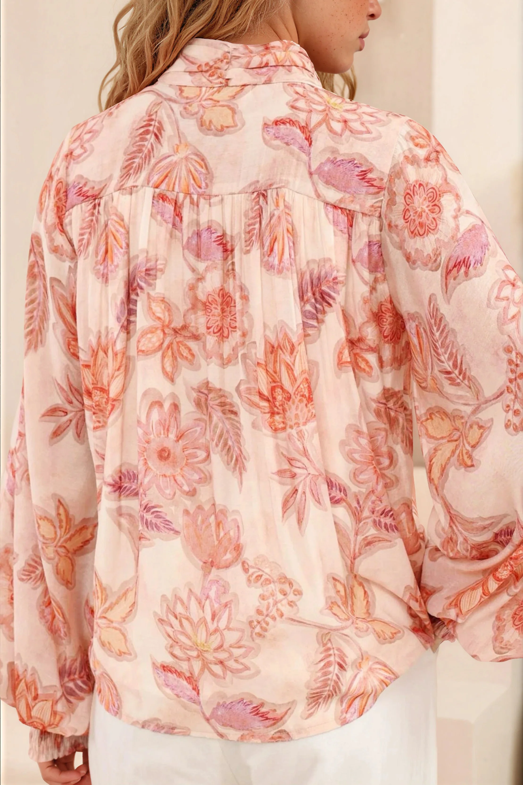 Faye Blouse - Mandarin Collar Balloon Sleeve Button Down Shirt in Rory Print Pink - Image 4