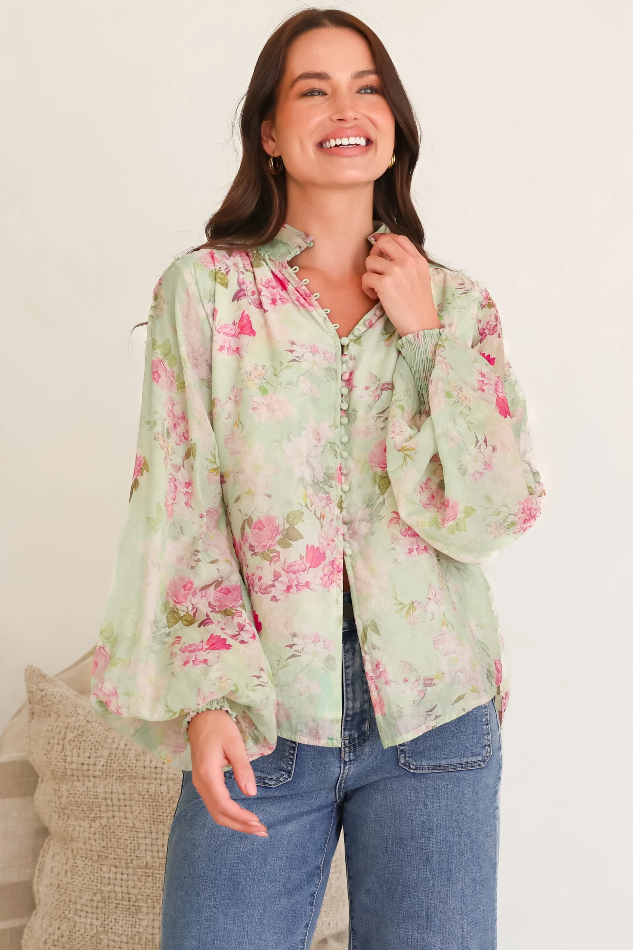 Faye Blouse - Mandarin Collar Balloon Sleeve Button Down Shirt in Rosemarie Print - Image 2