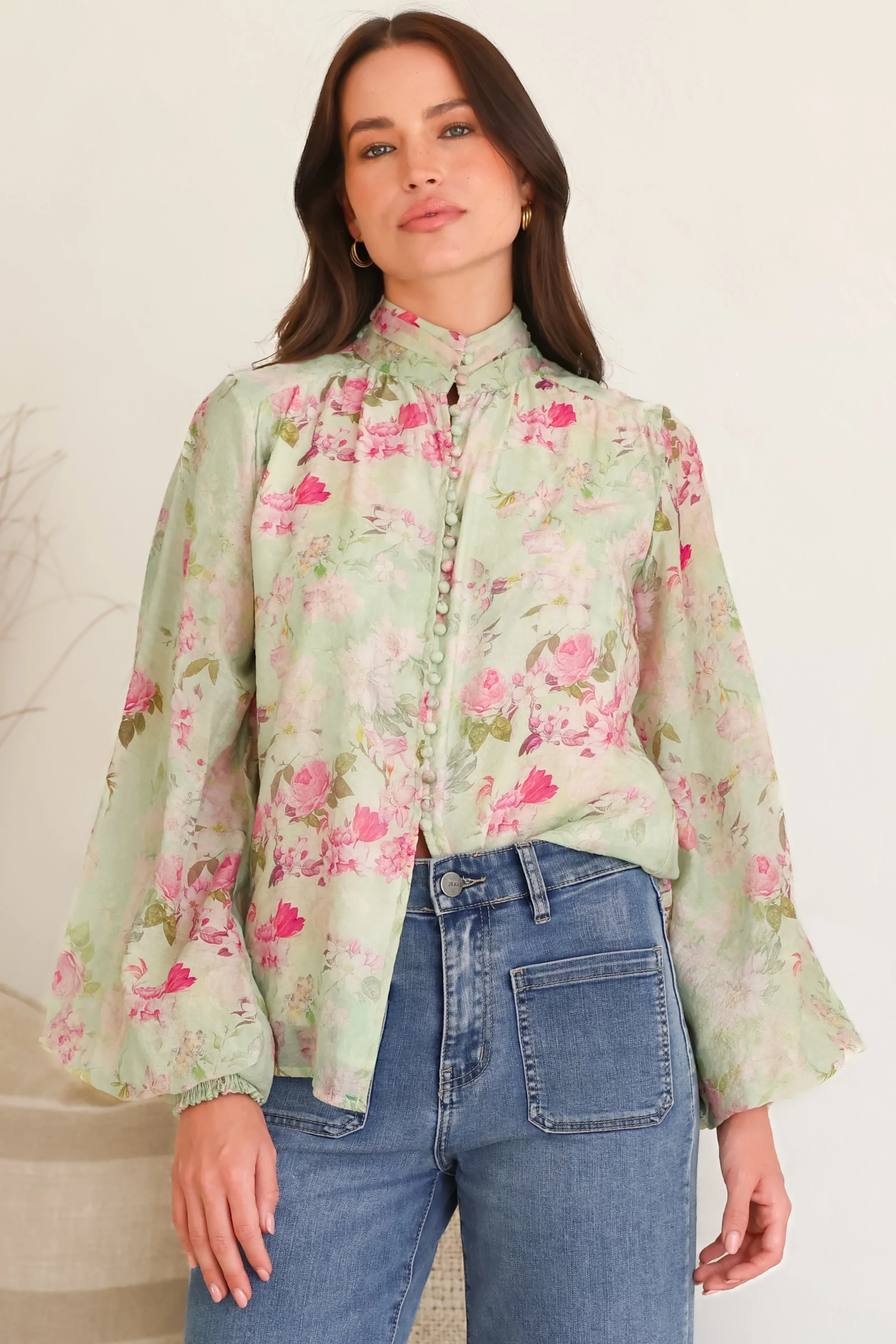 Faye Blouse - Mandarin Collar Balloon Sleeve Button Down Shirt in Rosemarie Print - Image 3