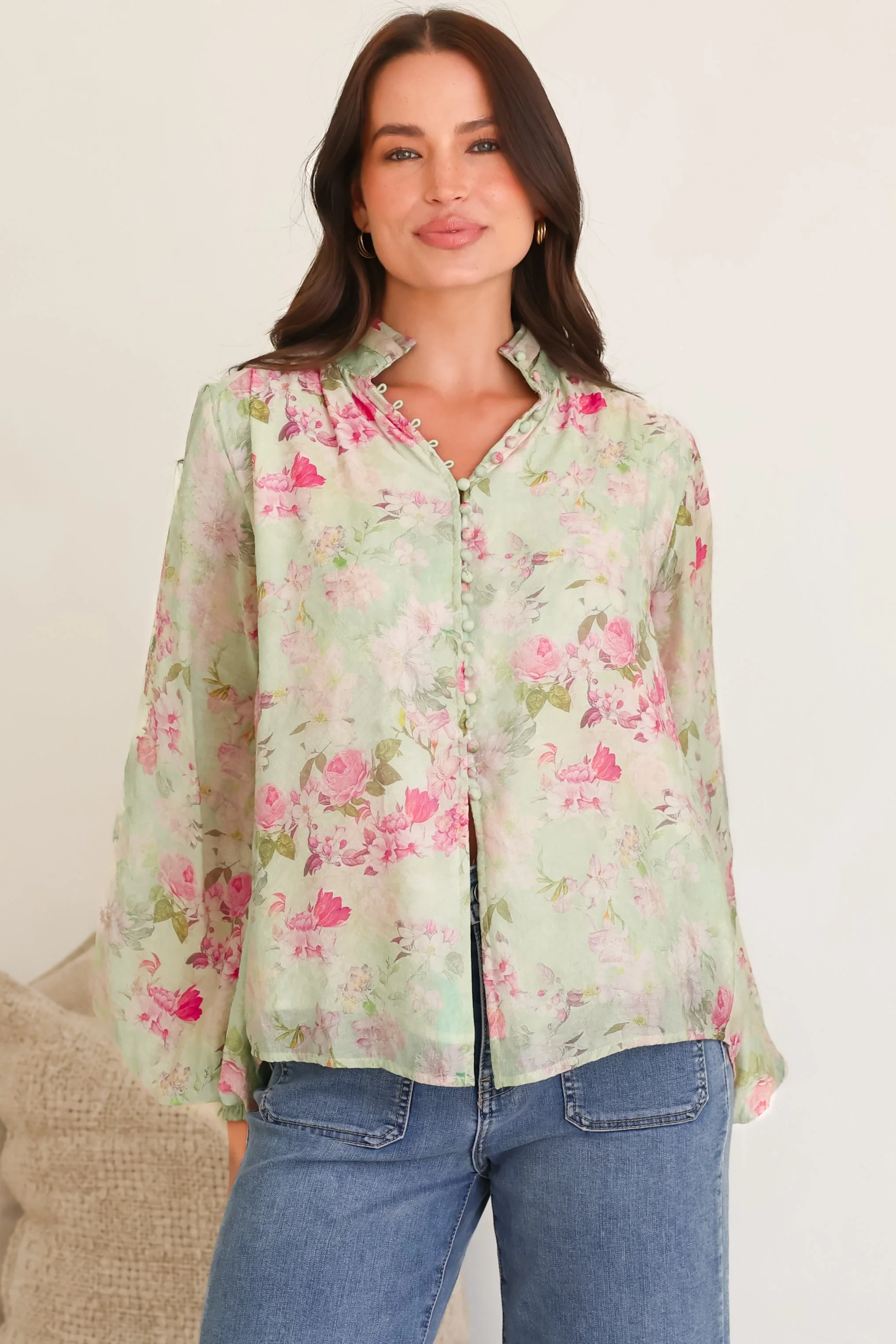 Faye Blouse - Mandarin Collar Balloon Sleeve Button Down Shirt in Rosemarie Print - Image 4