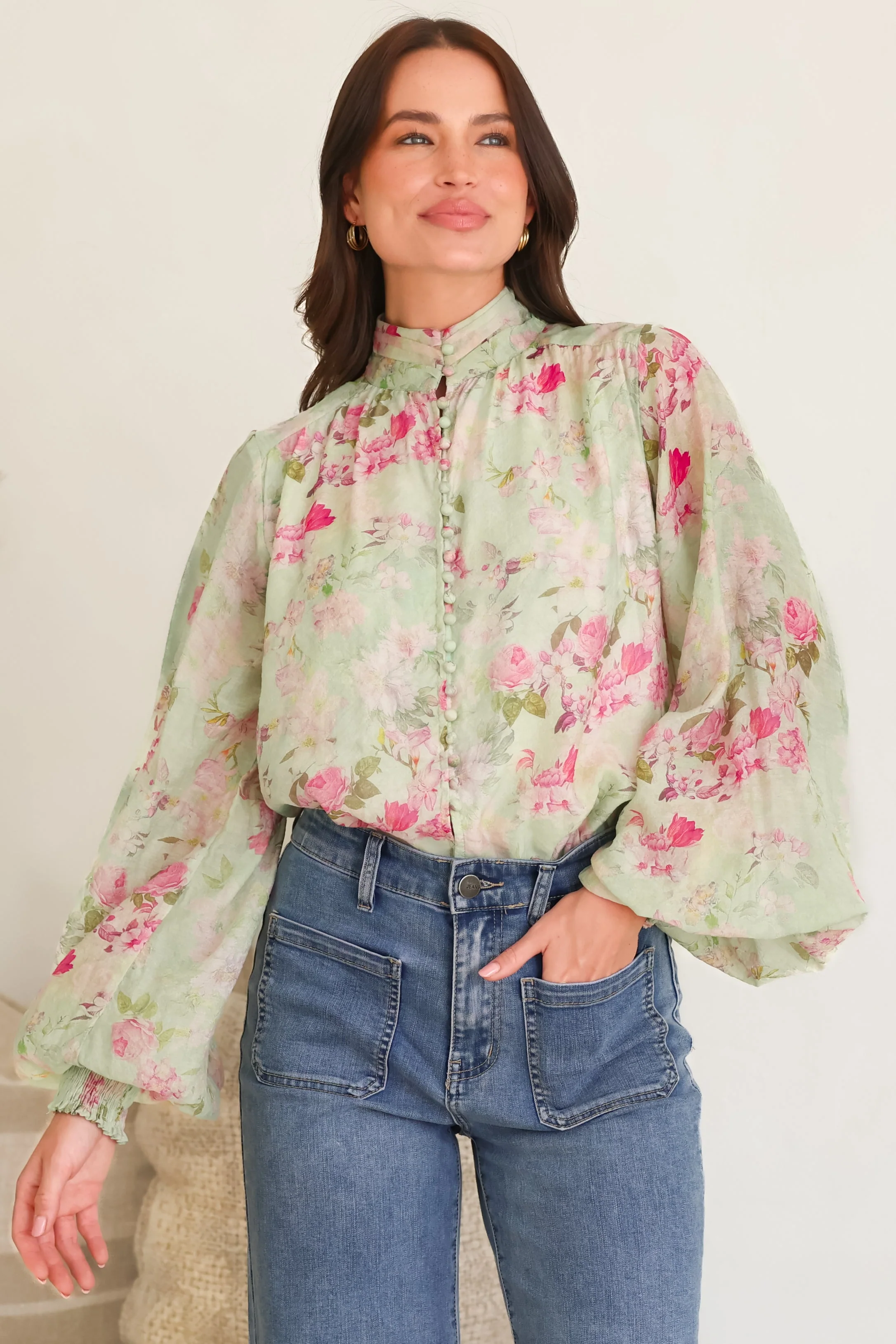 Faye Blouse - Mandarin Collar Balloon Sleeve Button Down Shirt in Rosemarie Print - Image 5