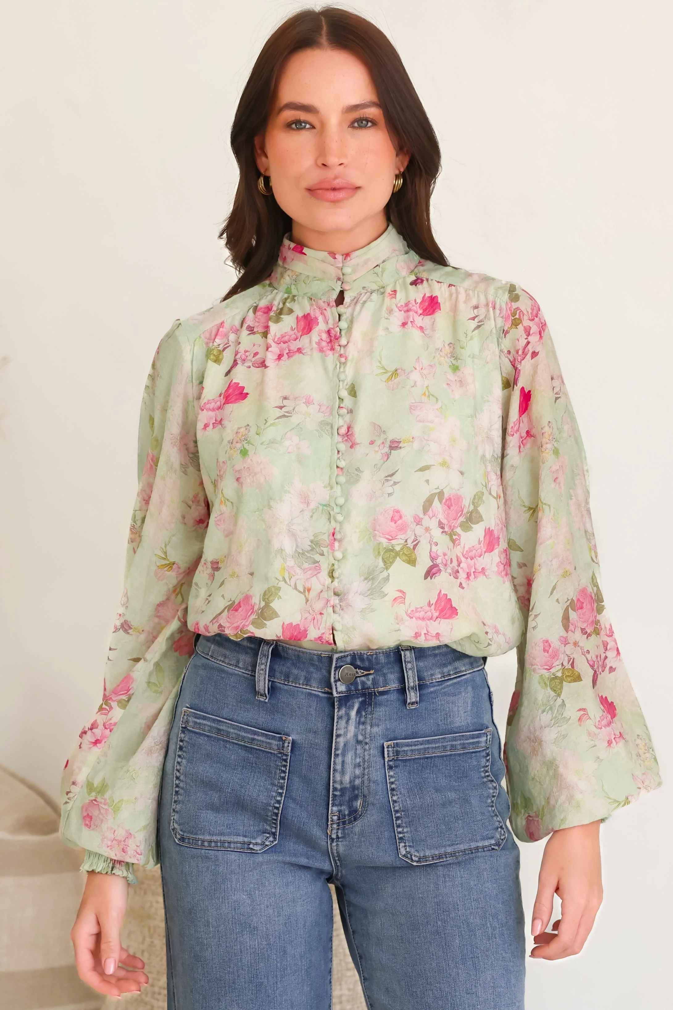 Faye Blouse - Mandarin Collar Balloon Sleeve Button Down Shirt in Rosemarie Print - Image 6