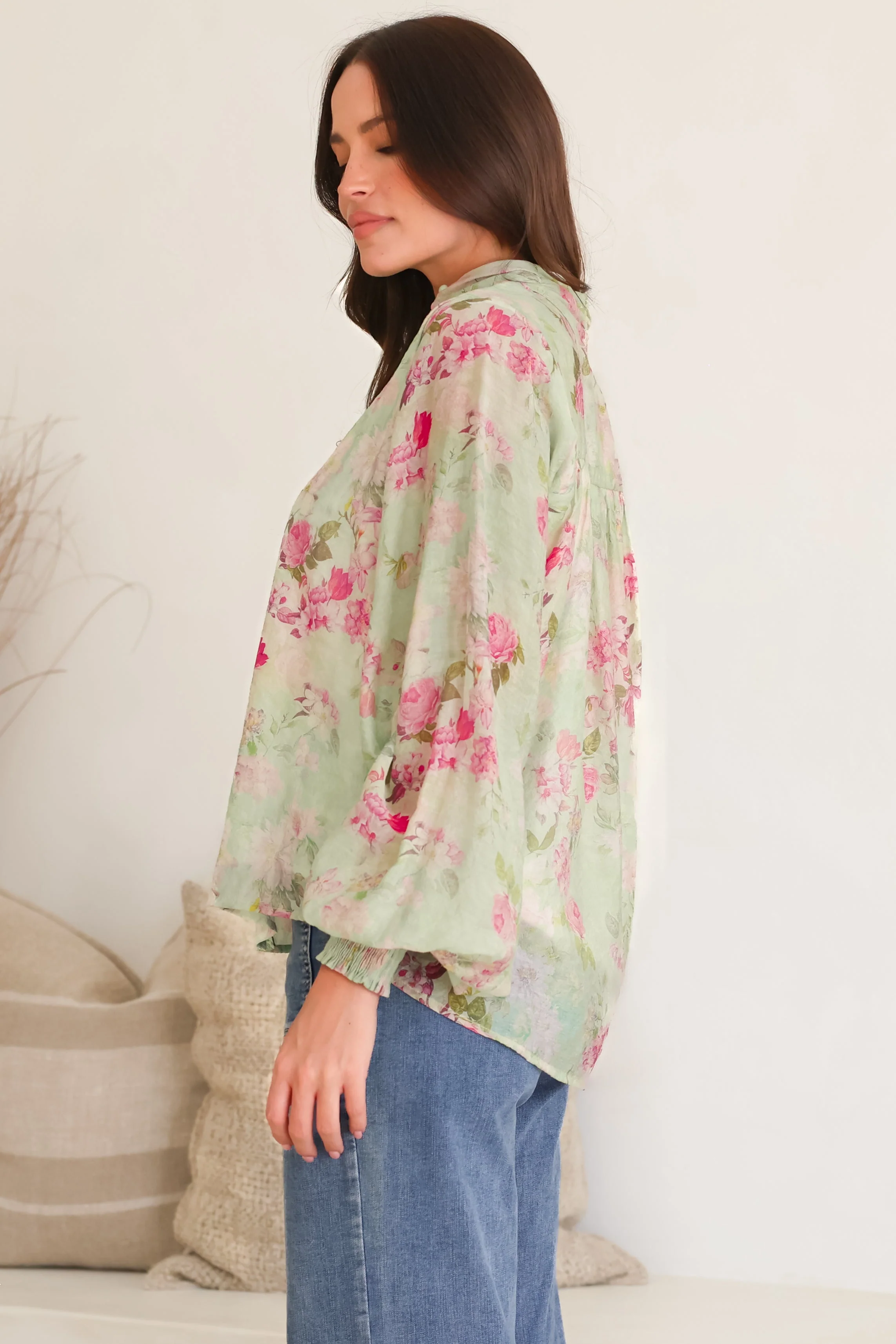 Faye Blouse - Mandarin Collar Balloon Sleeve Button Down Shirt in Rosemarie Print - Image 8