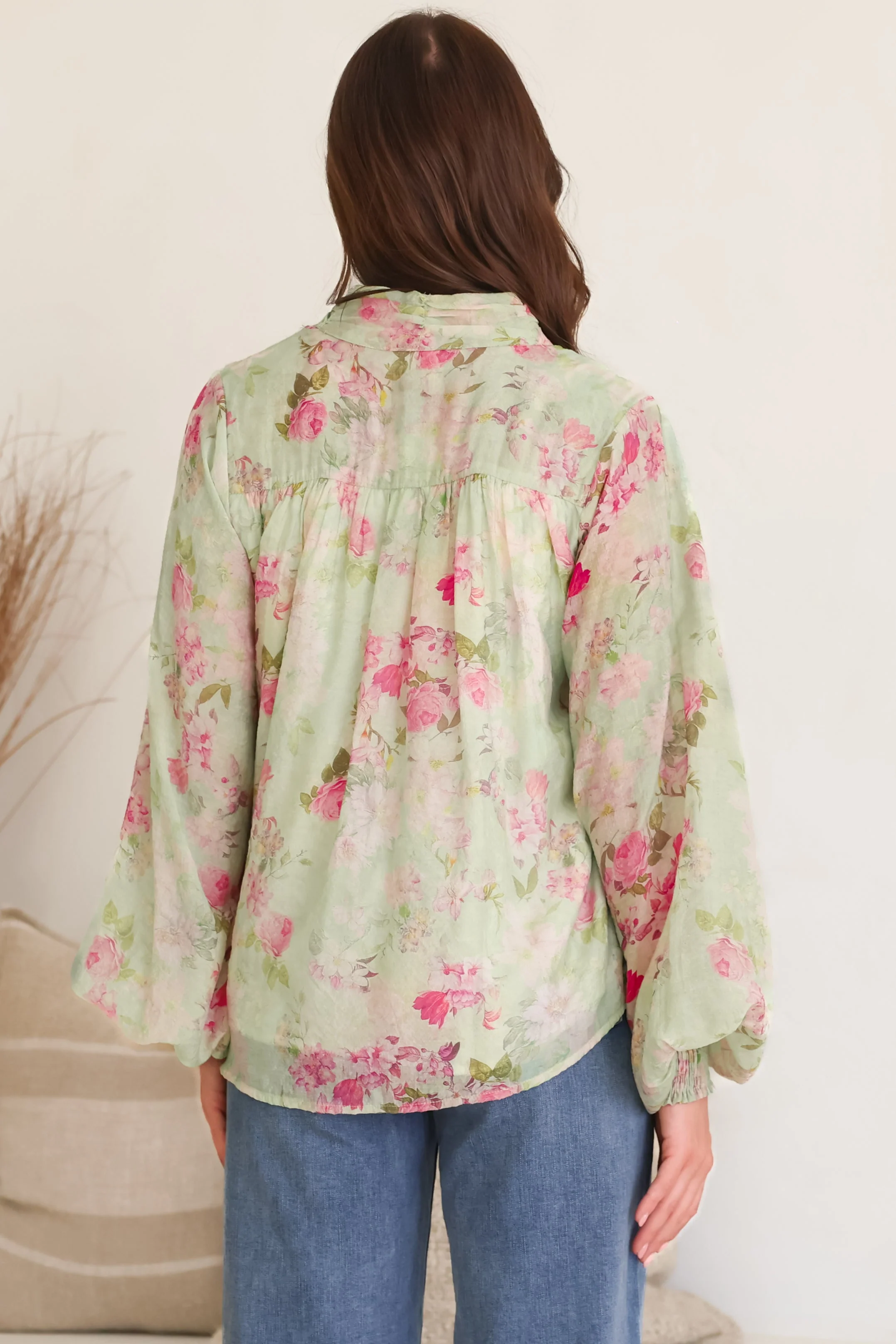 Faye Blouse - Mandarin Collar Balloon Sleeve Button Down Shirt in Rosemarie Print - Image 9