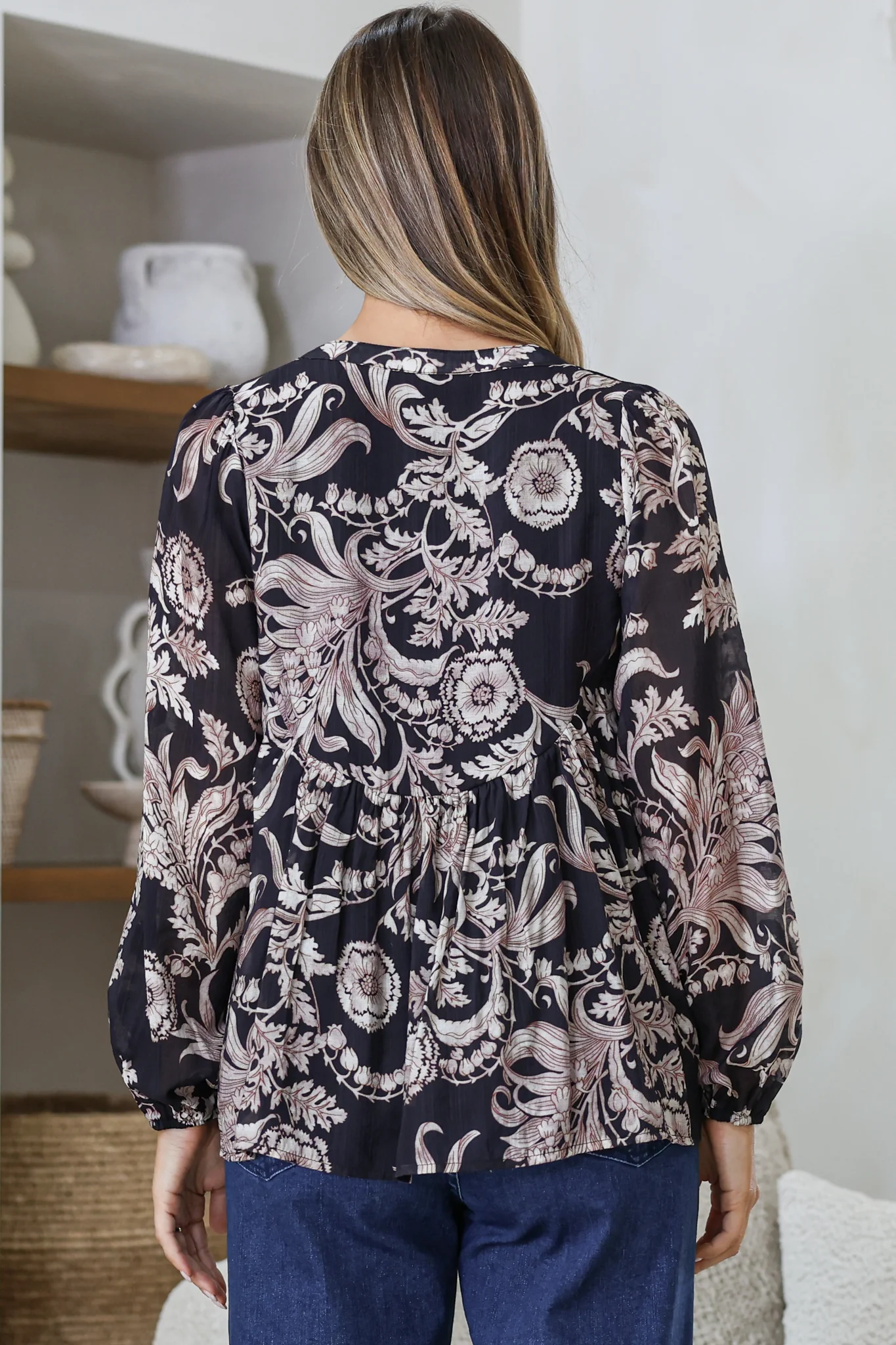 Fiero Blouse - Mandarin Collar Yoke Bust Button Down with Long Sleeves in Pim Print Black - Image 7