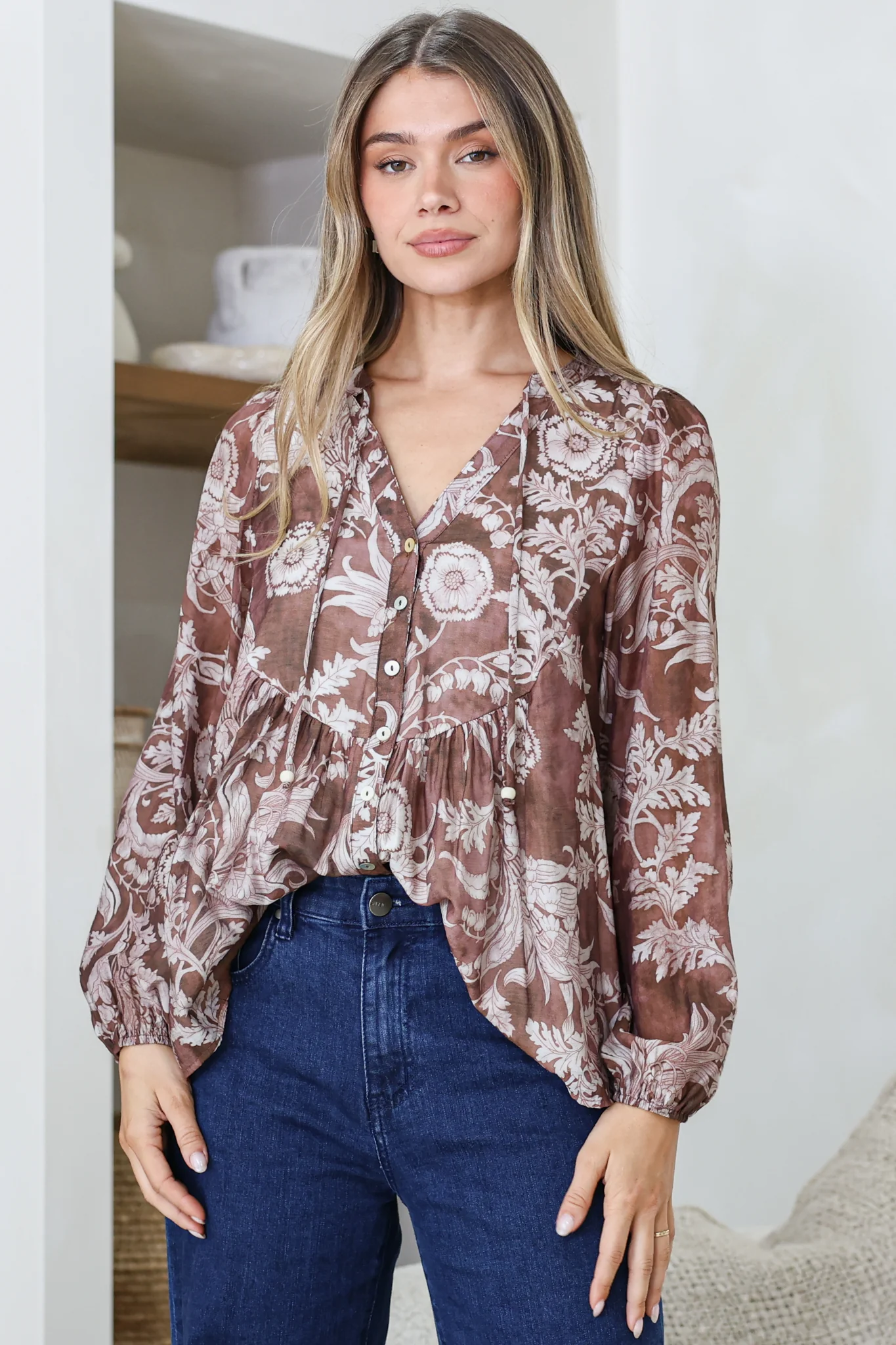 Fiero Blouse - Mandarin Collar Yoke Bust Button Down with Long Sleeves in Pim Print Chocolate