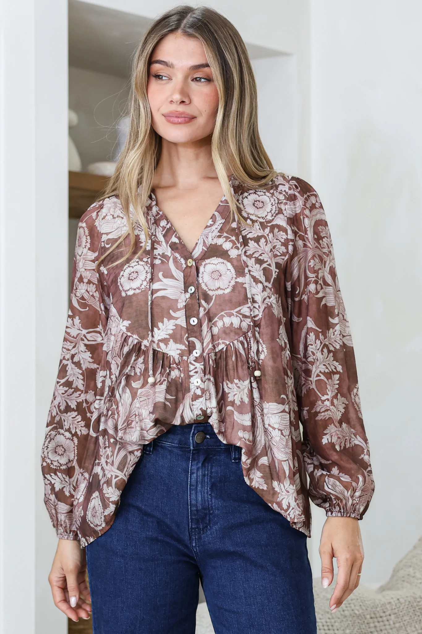 Fiero Blouse - Mandarin Collar Yoke Bust Button Down with Long Sleeves in Pim Print Chocolate - Image 5