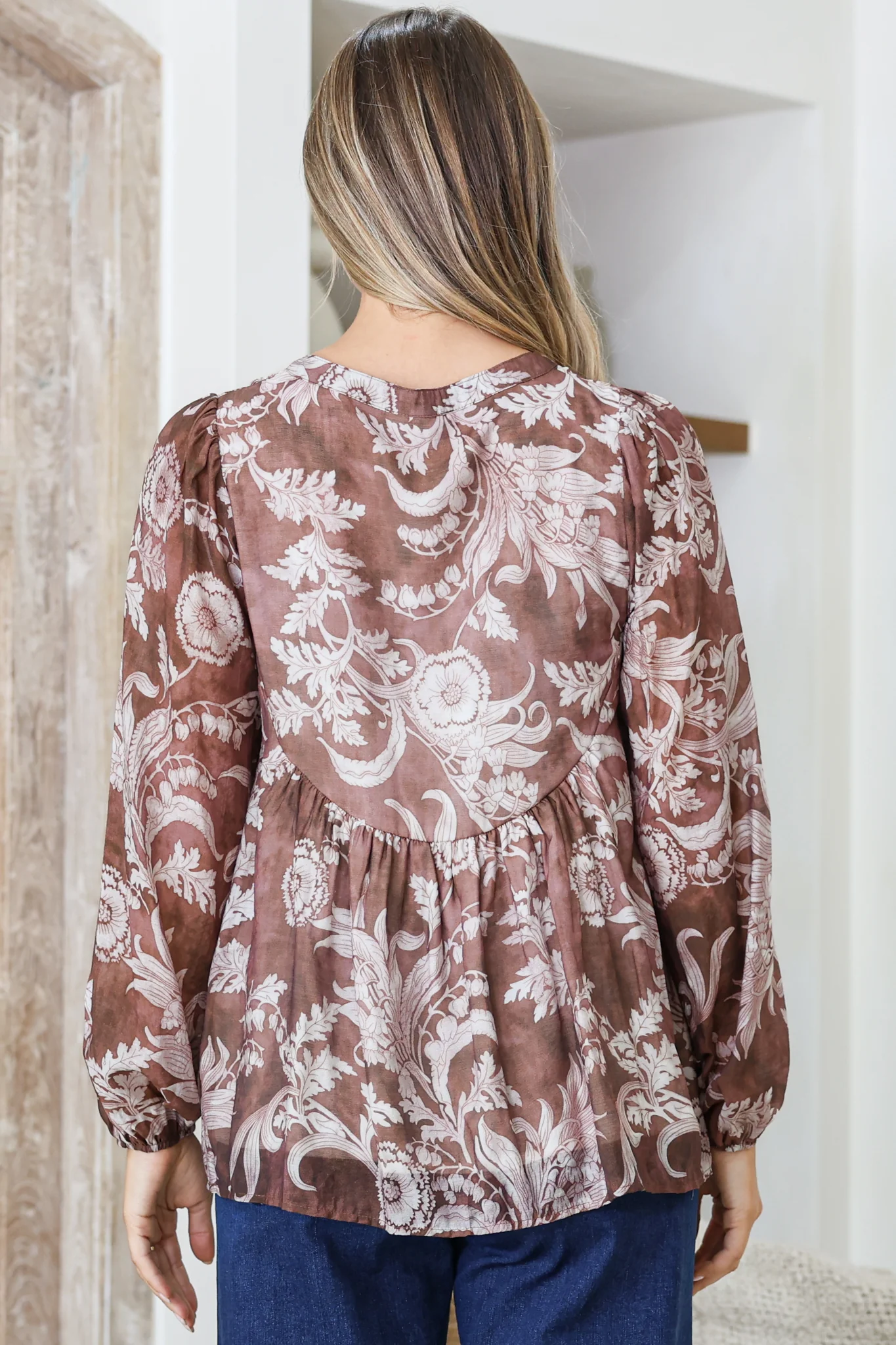 Fiero Blouse - Mandarin Collar Yoke Bust Button Down with Long Sleeves in Pim Print Chocolate - Image 8