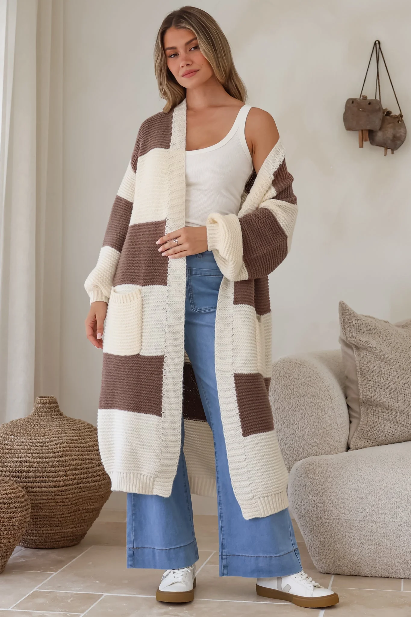 Finneas Cardigan - Longline Open Front Knit with Balloon Sleeves and Pockets in Brown - Image 2
