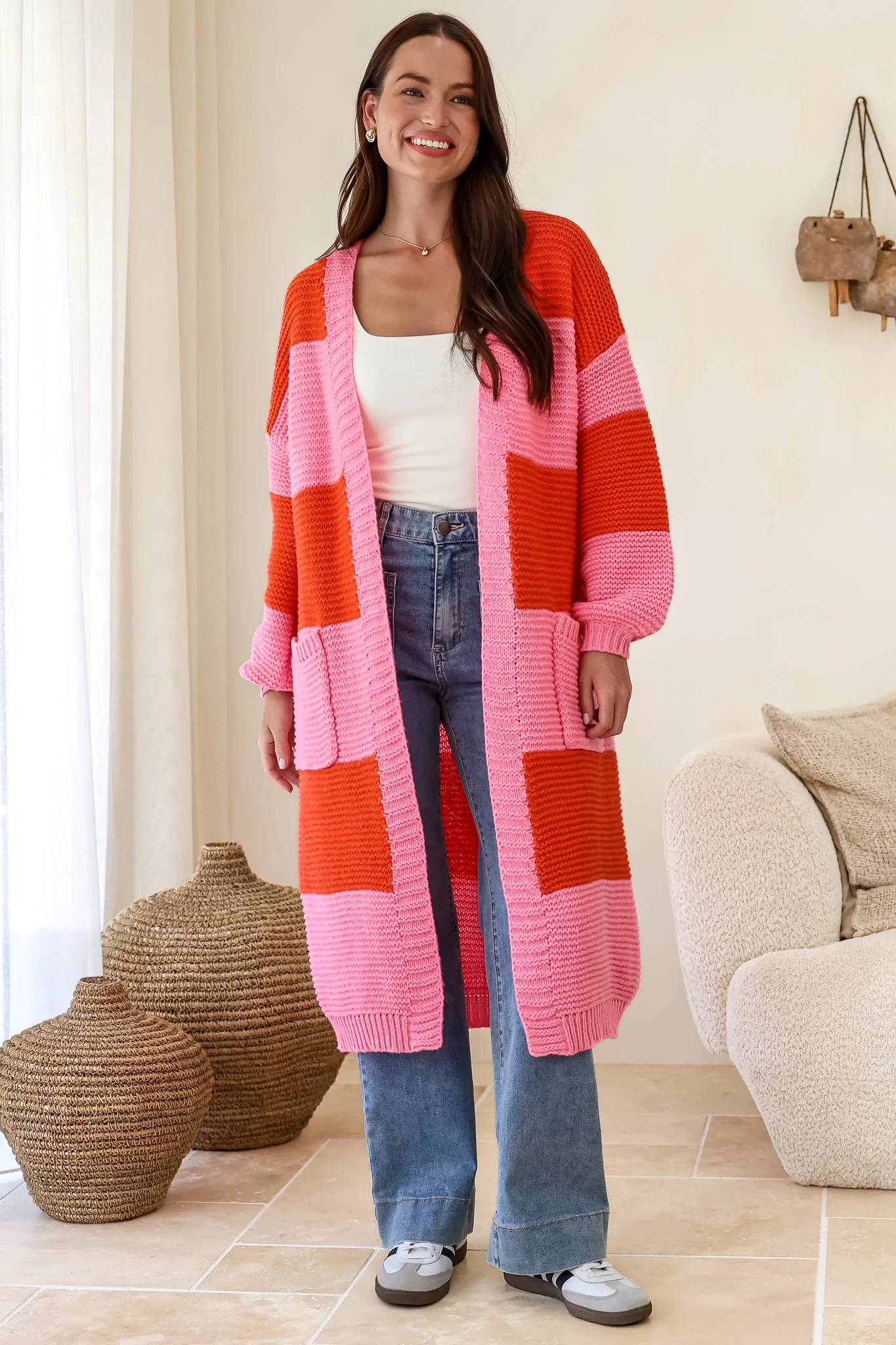 Finneas Cardigan - Longline Open Front Knit with Balloon Sleeves and Pockets in Pink