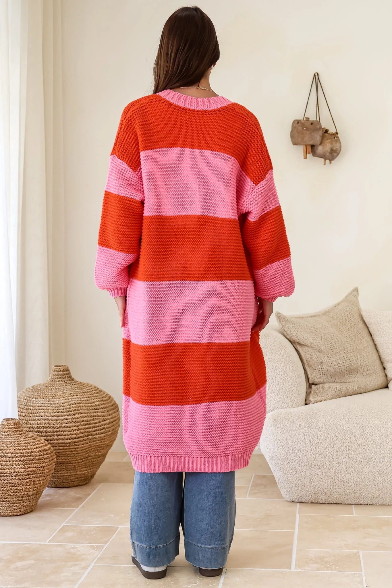 Finneas Cardigan - Longline Open Front Knit with Balloon Sleeves and Pockets in Pink - Image 10
