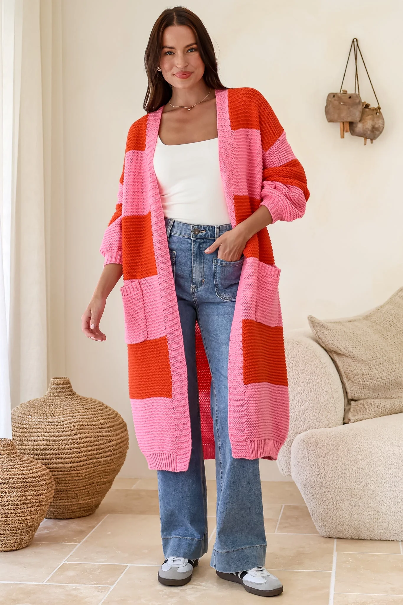Finneas Cardigan - Longline Open Front Knit with Balloon Sleeves and Pockets in Pink - Image 2