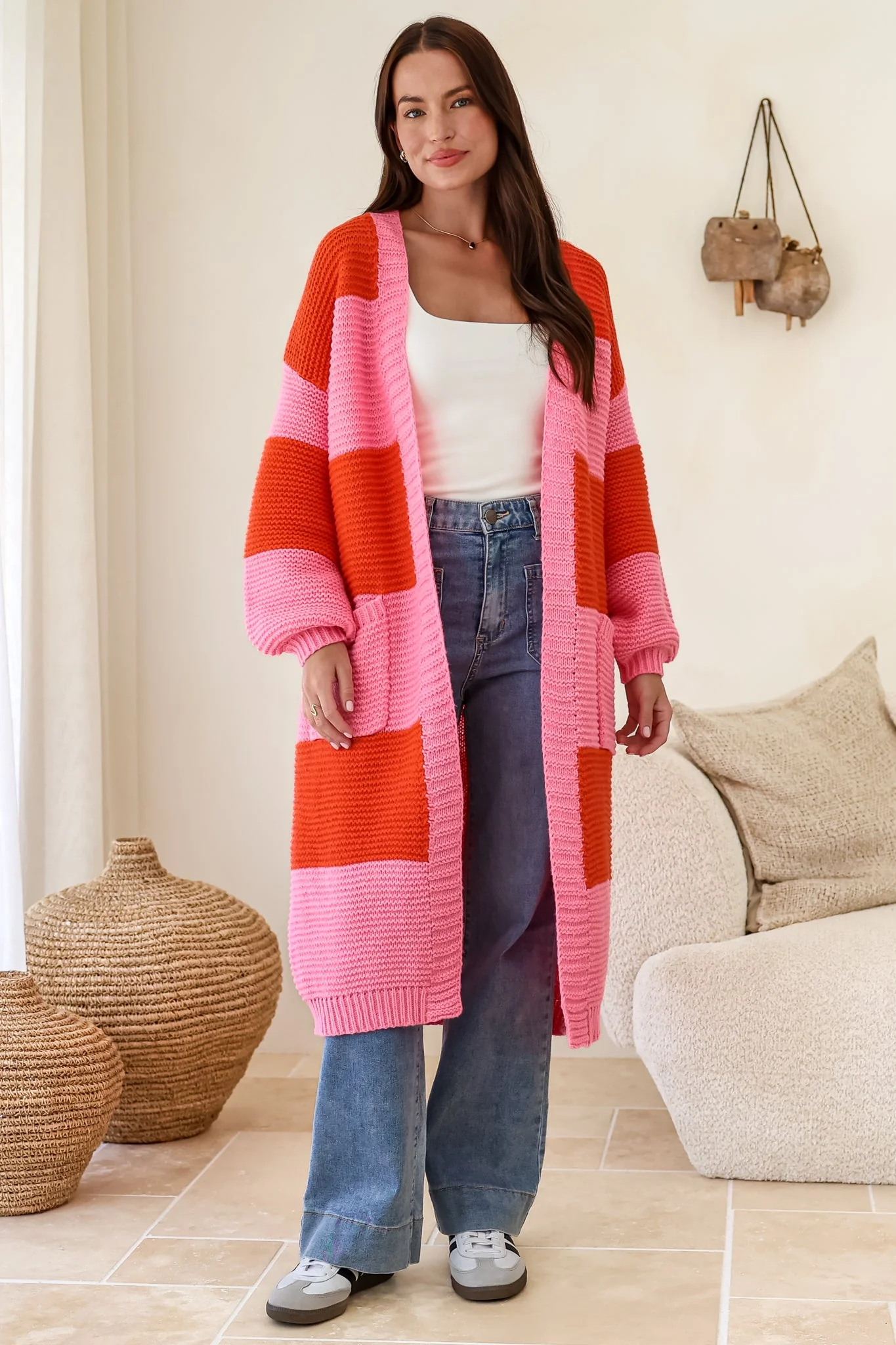 Finneas Cardigan - Longline Open Front Knit with Balloon Sleeves and Pockets in Pink - Image 4