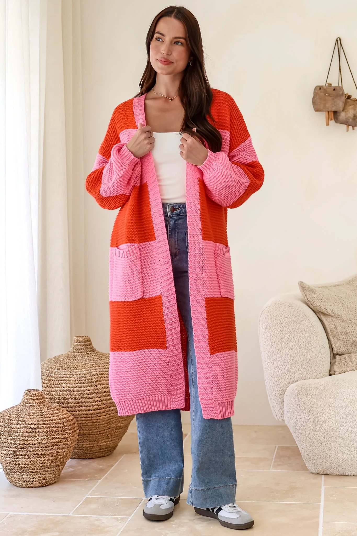 Finneas Cardigan - Longline Open Front Knit with Balloon Sleeves and Pockets in Pink - Image 5