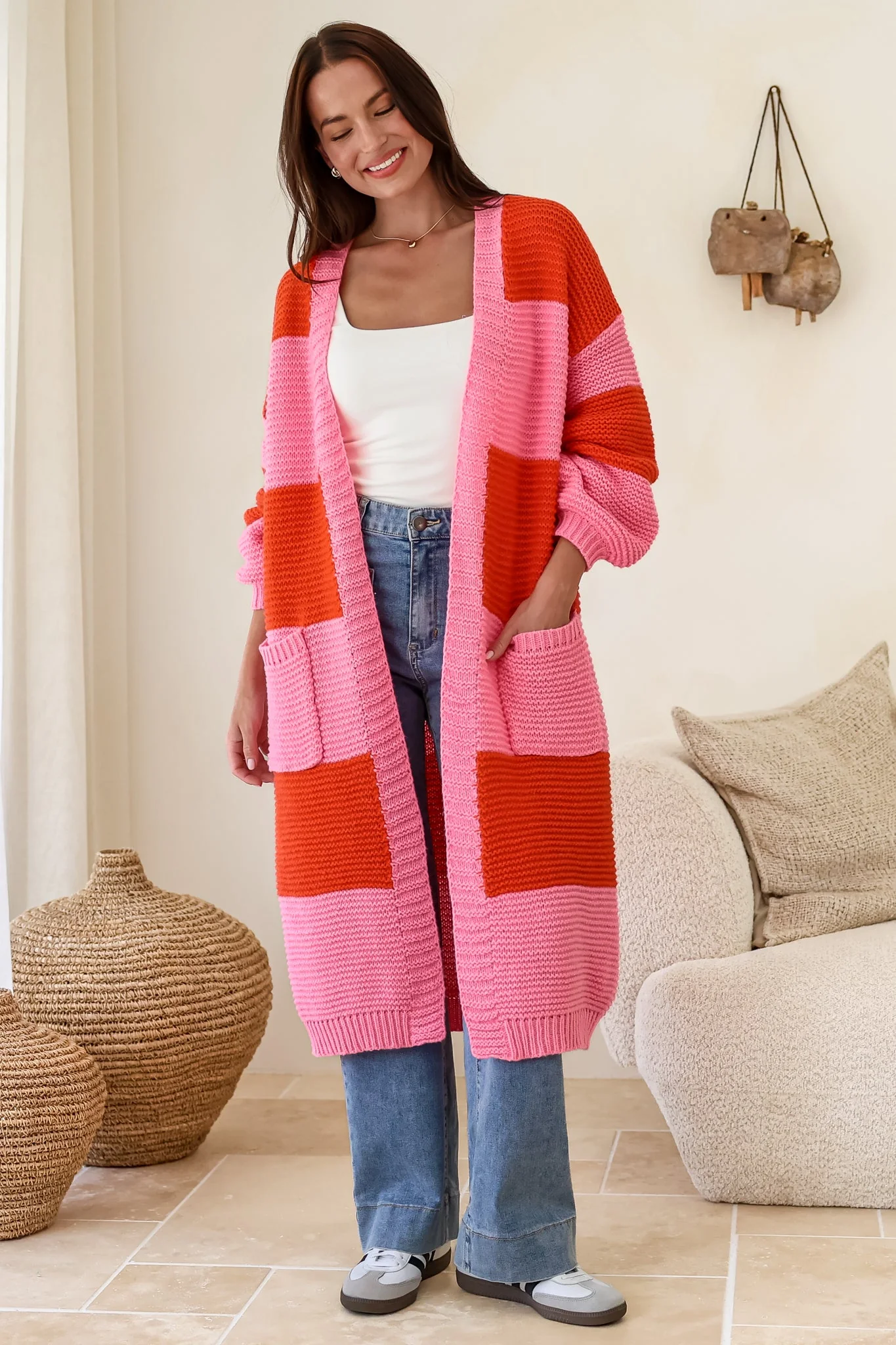 Finneas Cardigan - Longline Open Front Knit with Balloon Sleeves and Pockets in Pink - Image 6