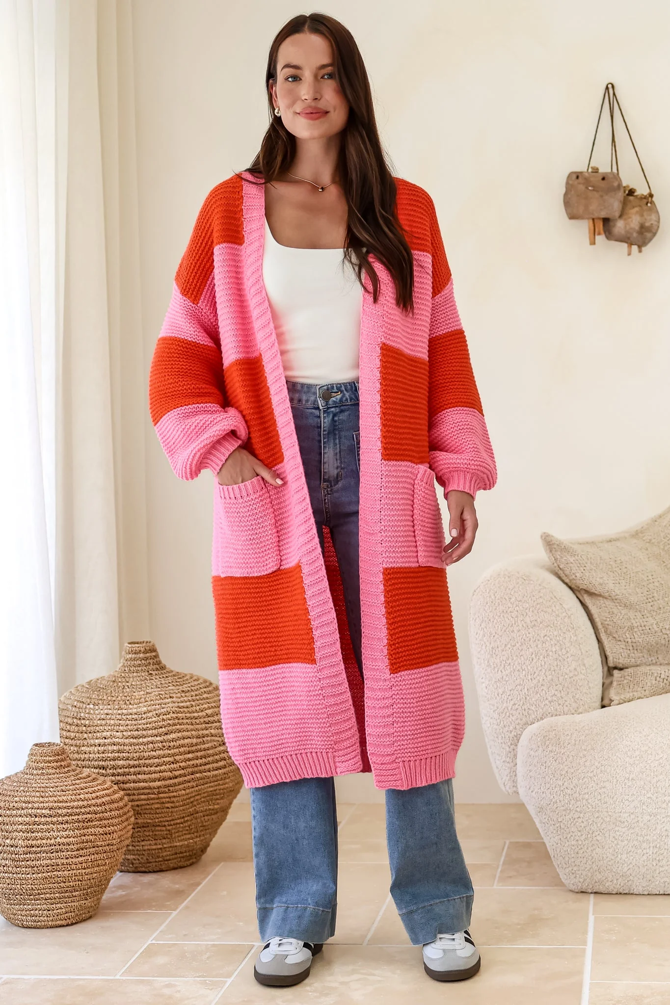 Finneas Cardigan - Longline Open Front Knit with Balloon Sleeves and Pockets in Pink - Image 8