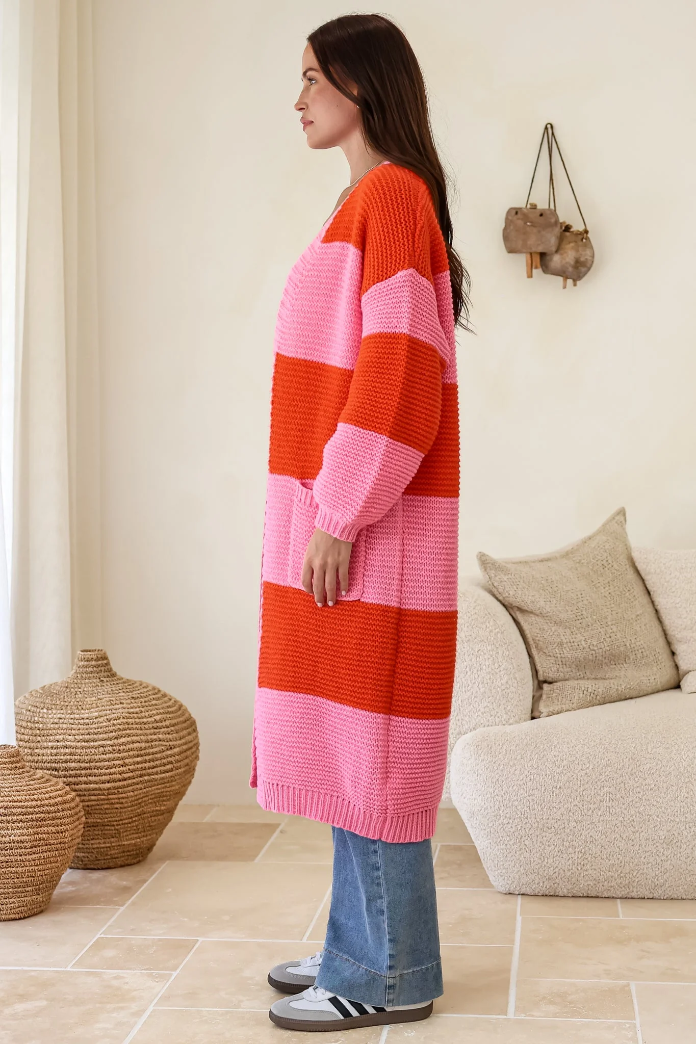 Finneas Cardigan - Longline Open Front Knit with Balloon Sleeves and Pockets in Pink - Image 9