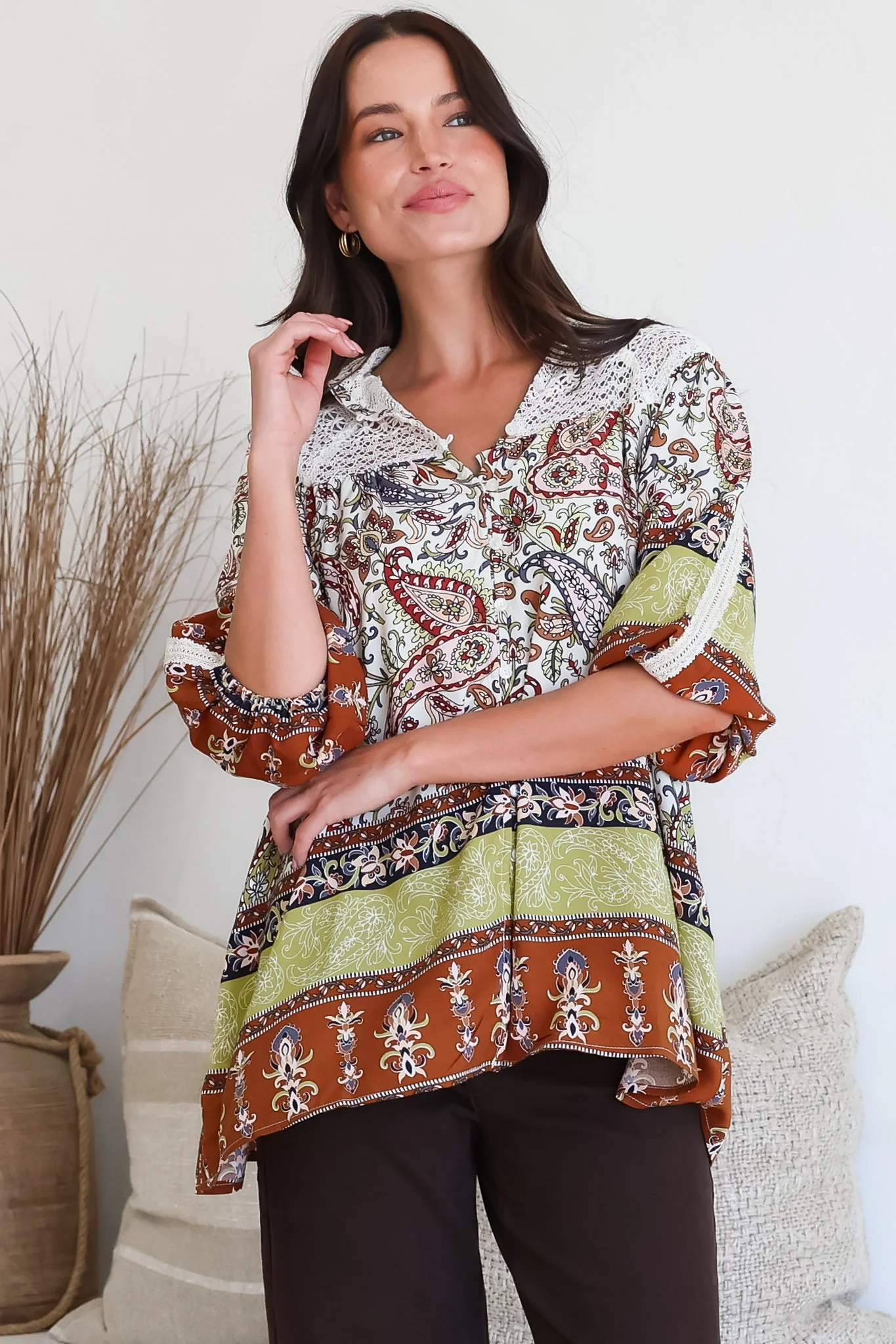 JAASE - Florence Blouse: Lace Detailed Button Down Relaxed Blouse in Oakie Print - Image 4