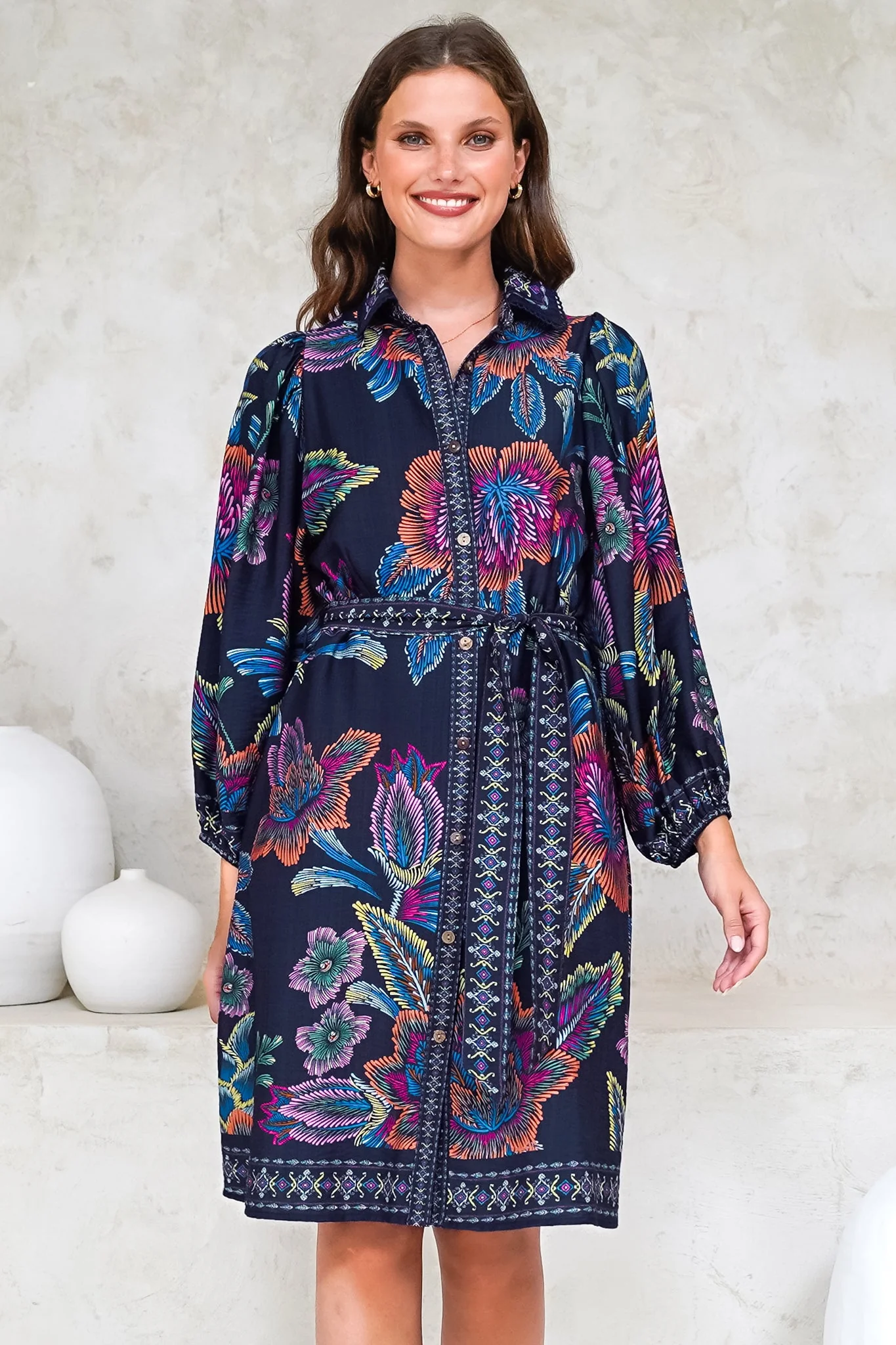 Francini Mini Dress - Collared Shirt Dress with Matching Belt in Elle Print Navy - Image 2
