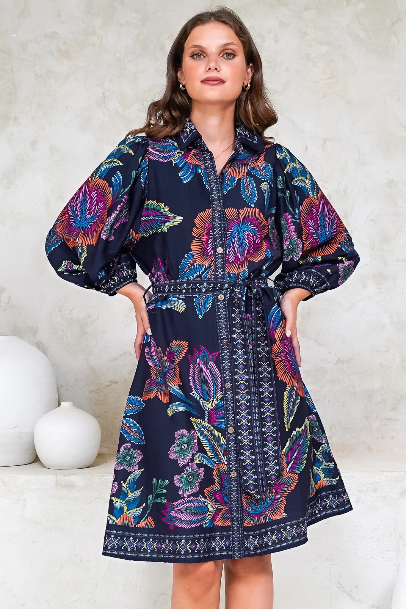 Francini Mini Dress - Collared Shirt Dress with Matching Belt in Elle Print Navy - Image 3