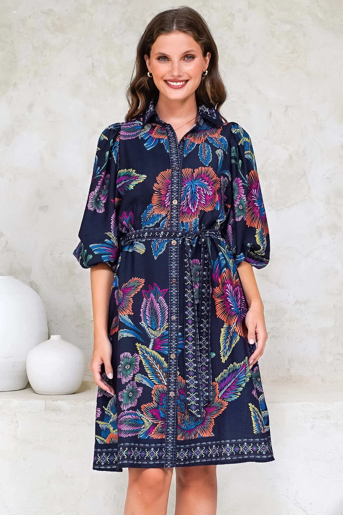 Francini Mini Dress - Collared Shirt Dress with Matching Belt in Elle Print Navy - Image 4