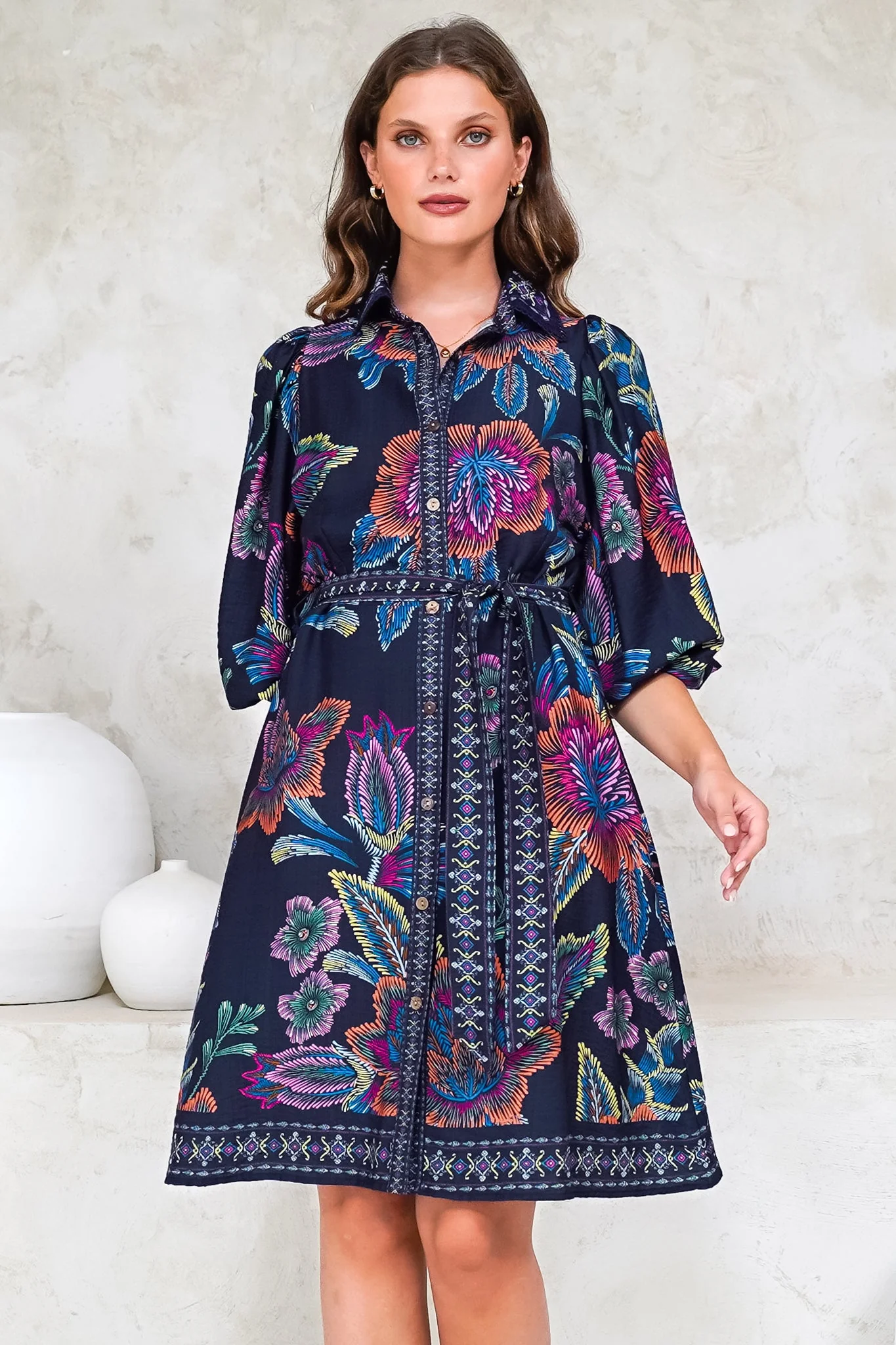 Francini Mini Dress - Collared Shirt Dress with Matching Belt in Elle Print Navy - Image 5