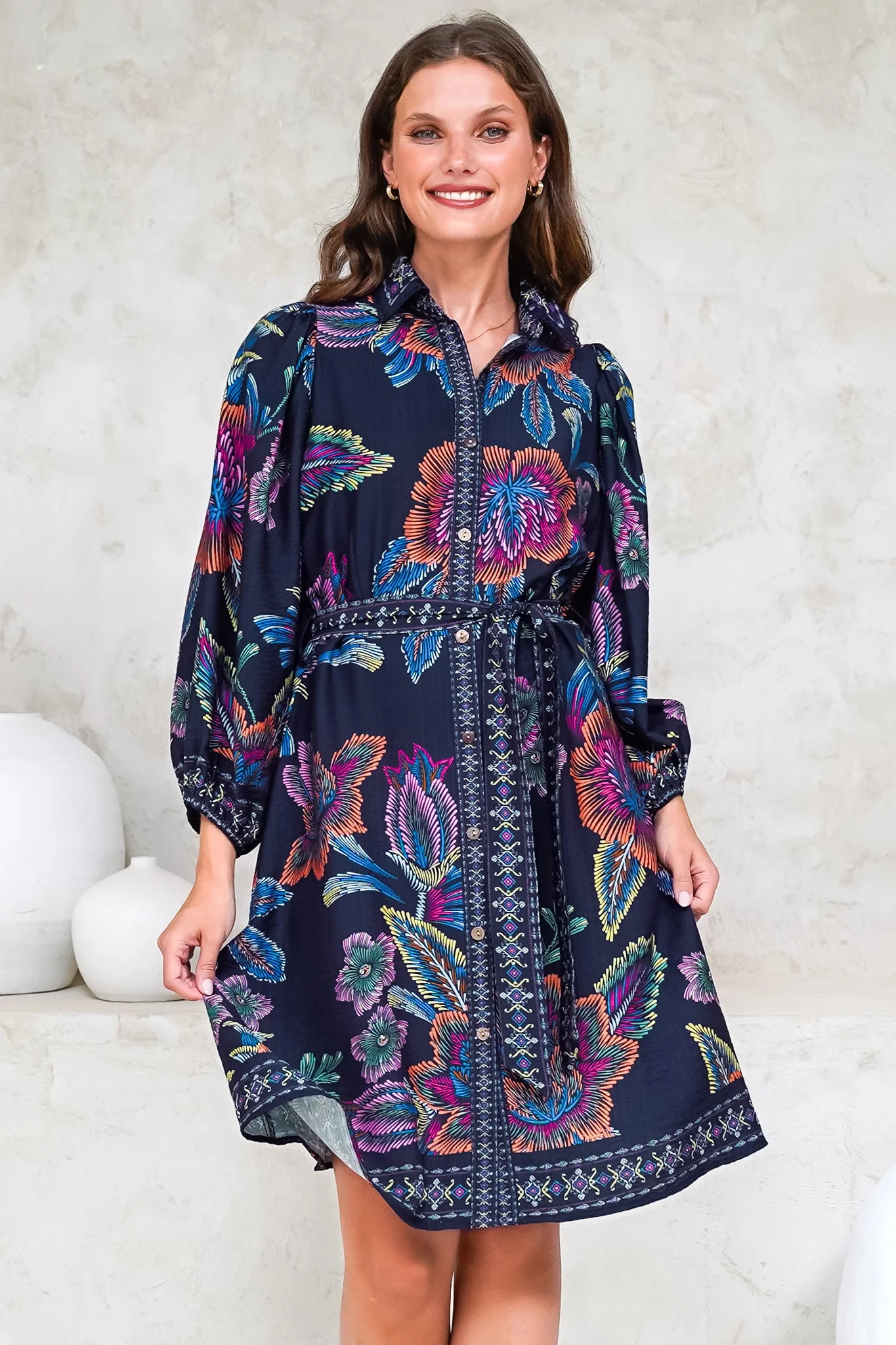 Francini Mini Dress - Collared Shirt Dress with Matching Belt in Elle Print Navy - Image 6