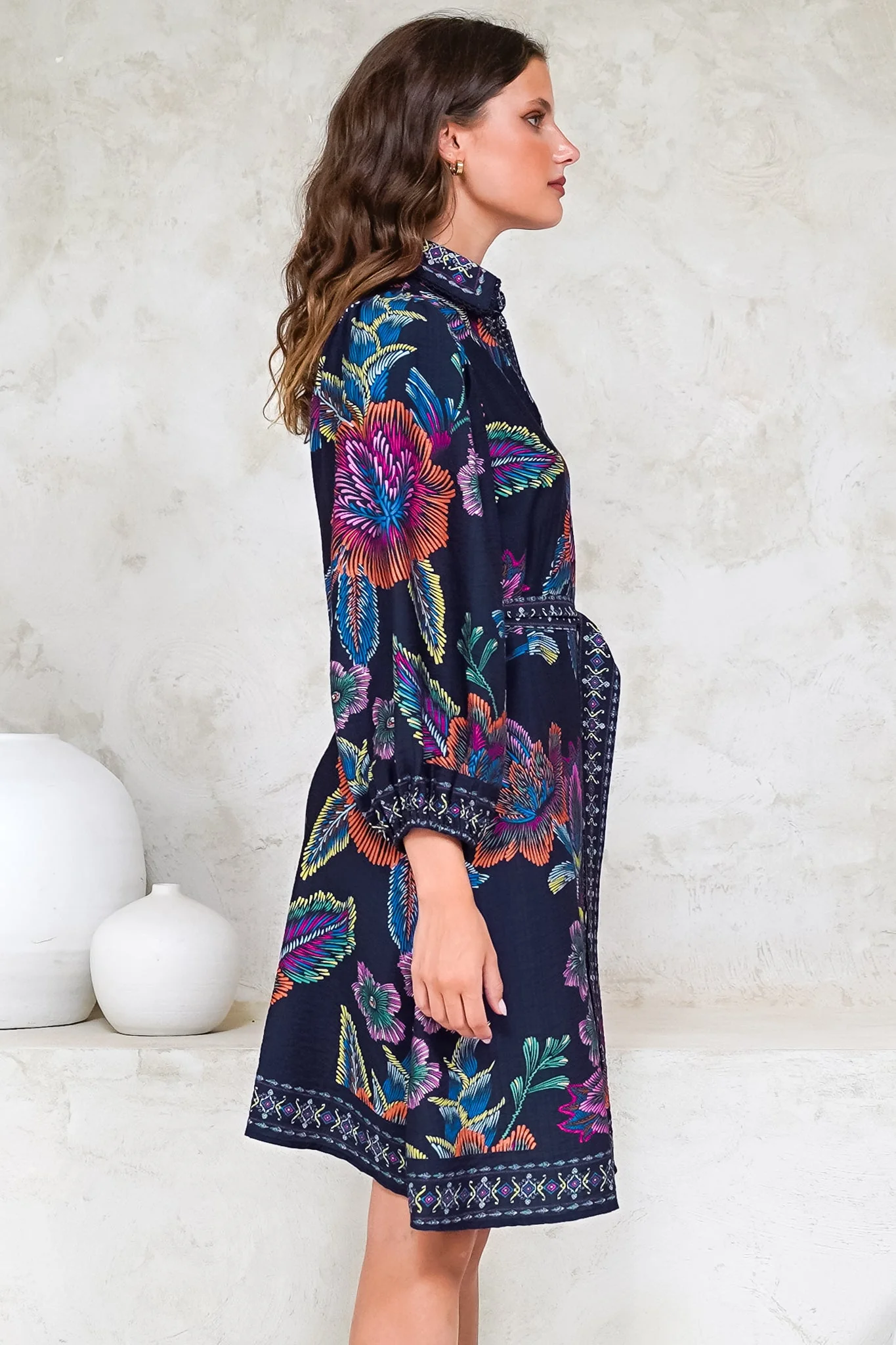 Francini Mini Dress - Collared Shirt Dress with Matching Belt in Elle Print Navy - Image 7