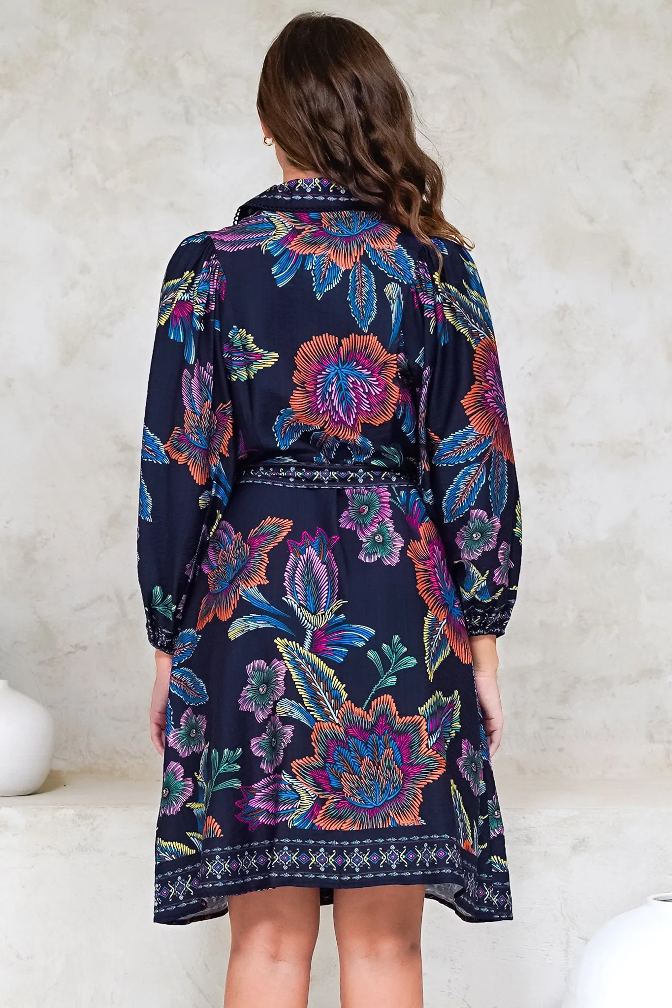 Francini Mini Dress - Collared Shirt Dress with Matching Belt in Elle Print Navy - Image 8