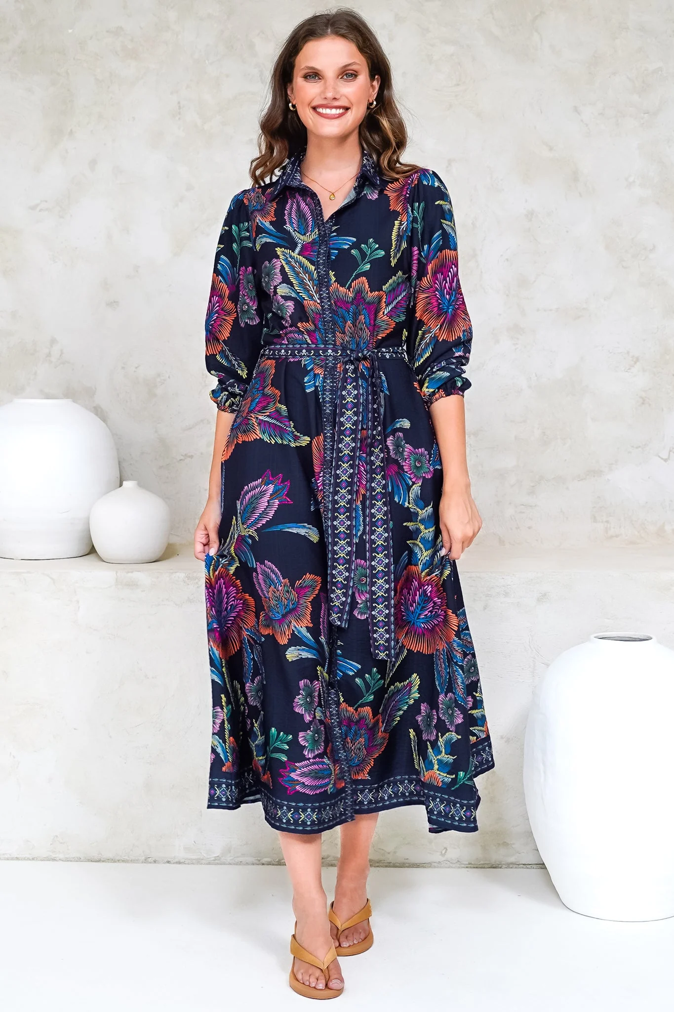Francis Midi Dress - Collared Shirt Dress with Matching Belt in Elle Print Navy