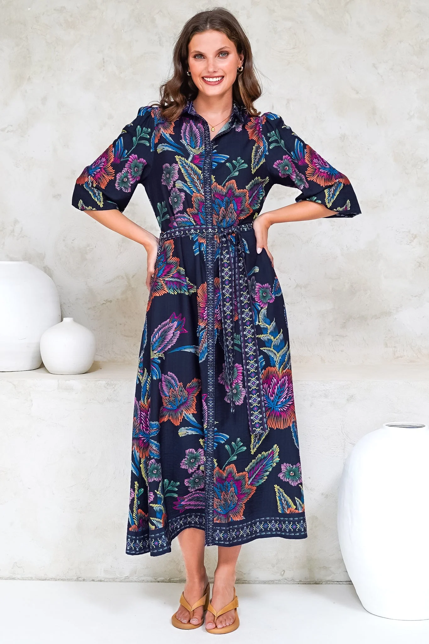Francis Midi Dress - Collared Shirt Dress with Matching Belt in Elle Print Navy - Image 2