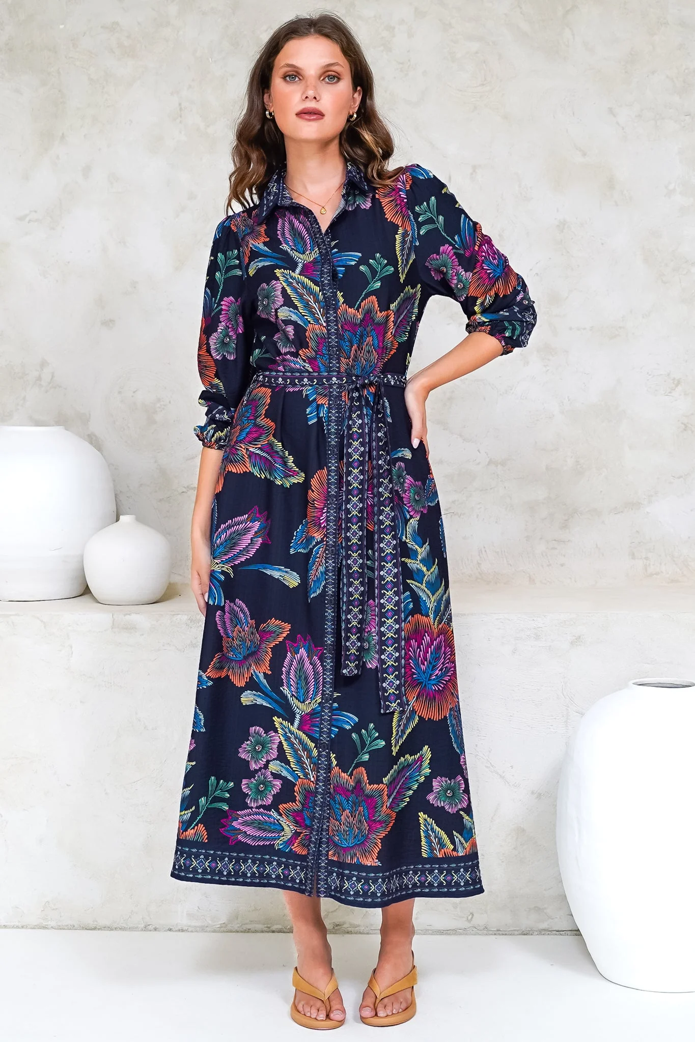 Francis Midi Dress - Collared Shirt Dress with Matching Belt in Elle Print Navy - Image 3