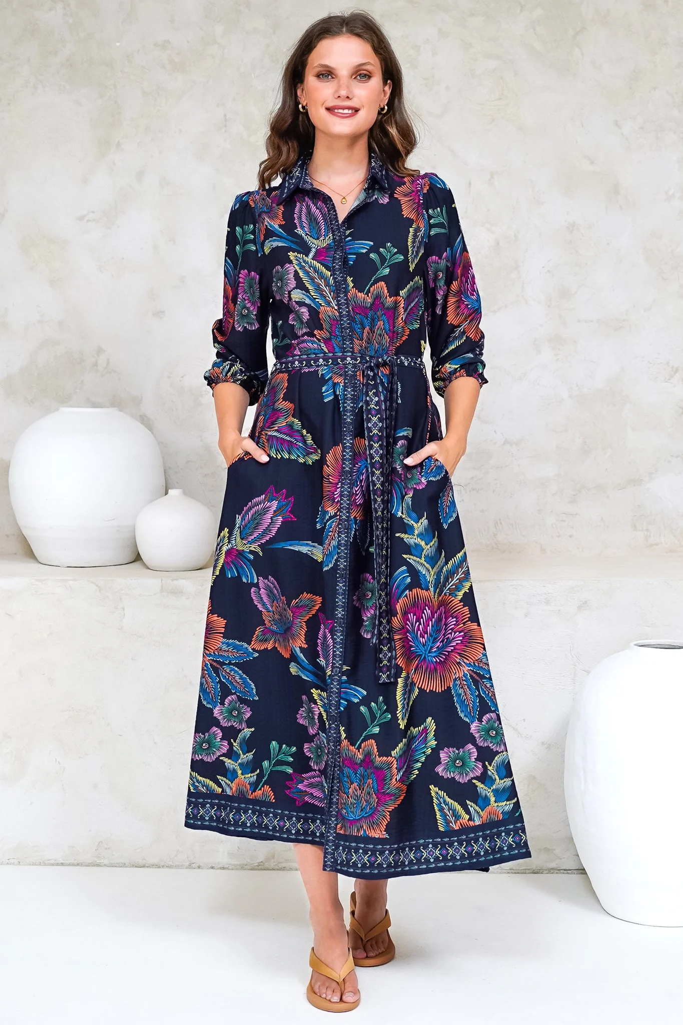 Francis Midi Dress - Collared Shirt Dress with Matching Belt in Elle Print Navy - Image 4