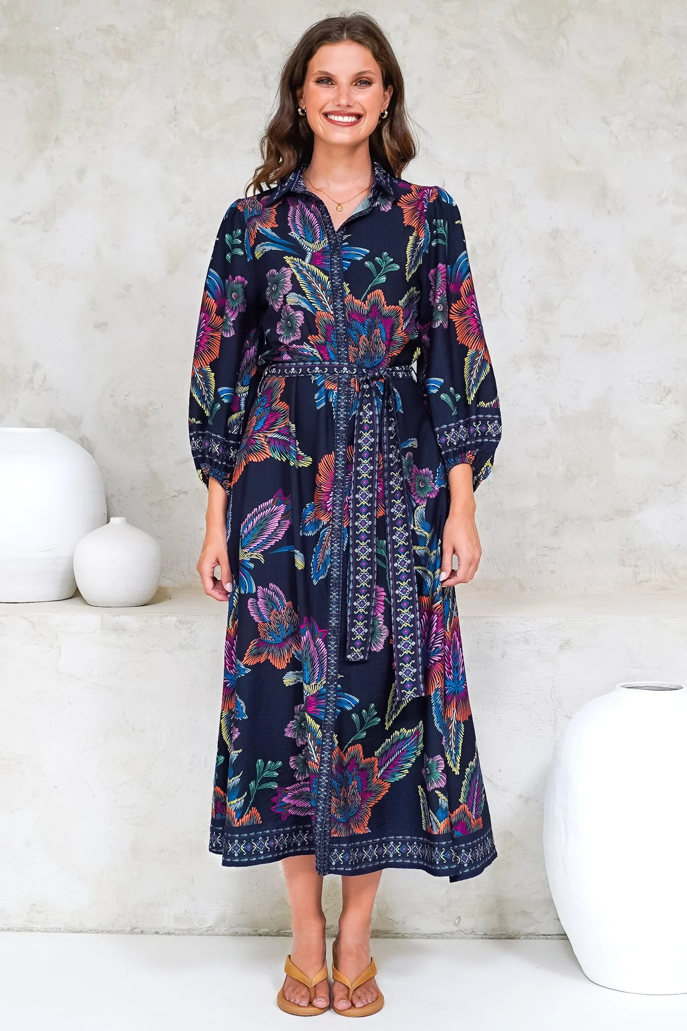 Francis Midi Dress - Collared Shirt Dress with Matching Belt in Elle Print Navy - Image 5