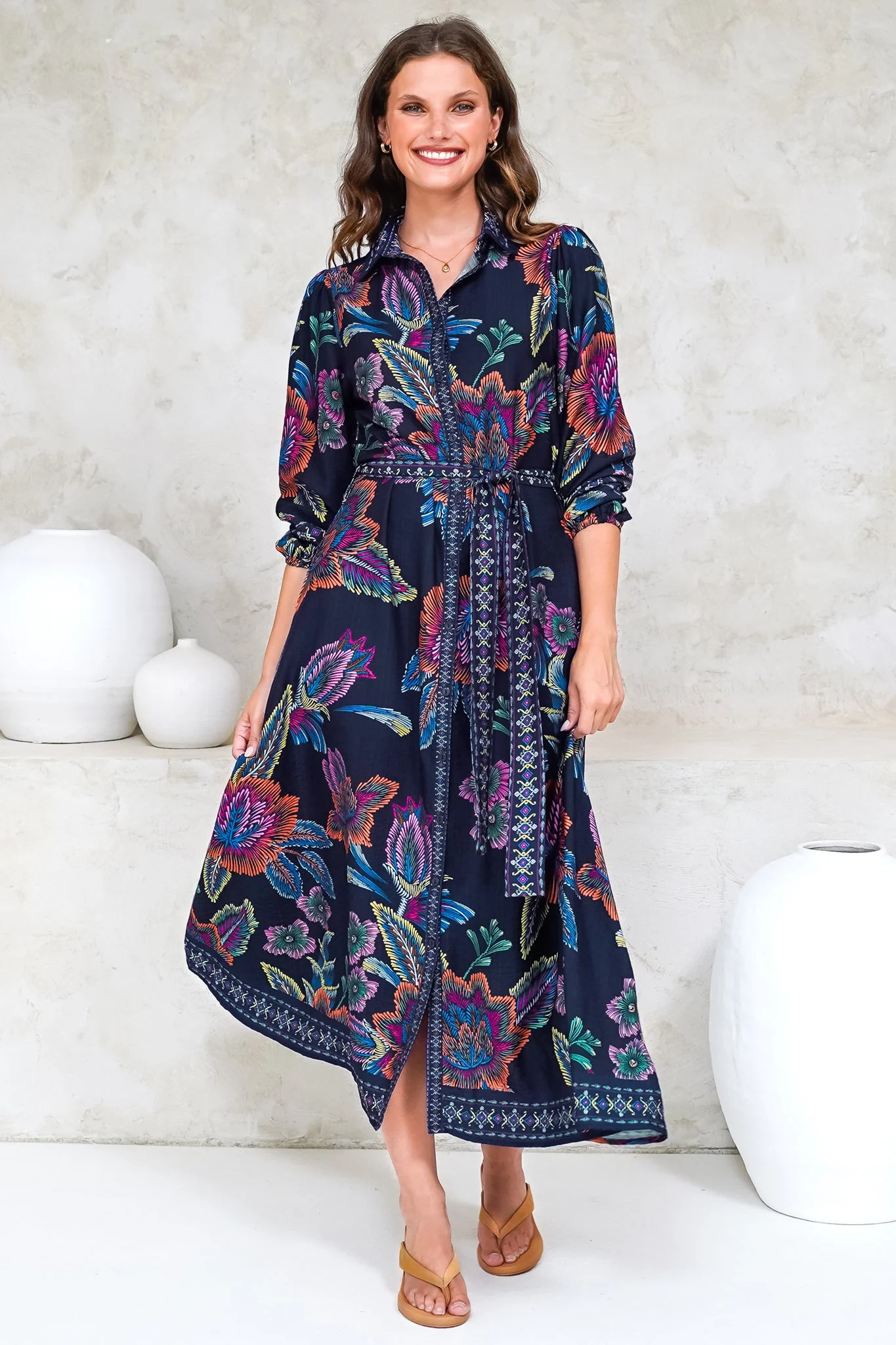 Francis Midi Dress - Collared Shirt Dress with Matching Belt in Elle Print Navy - Image 6