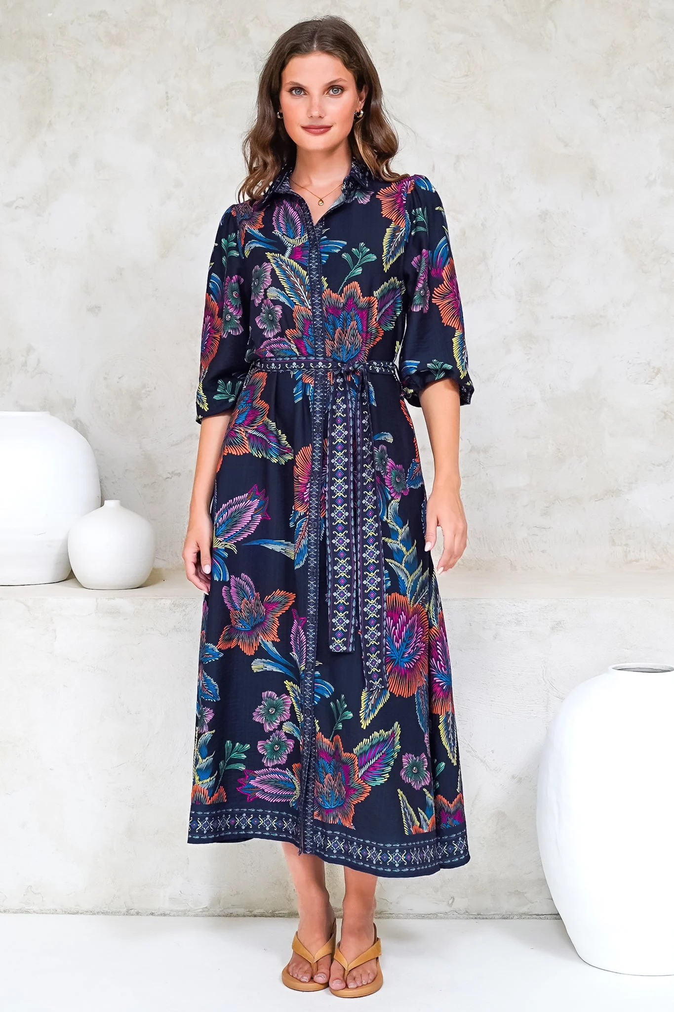 Francis Midi Dress - Collared Shirt Dress with Matching Belt in Elle Print Navy - Image 7
