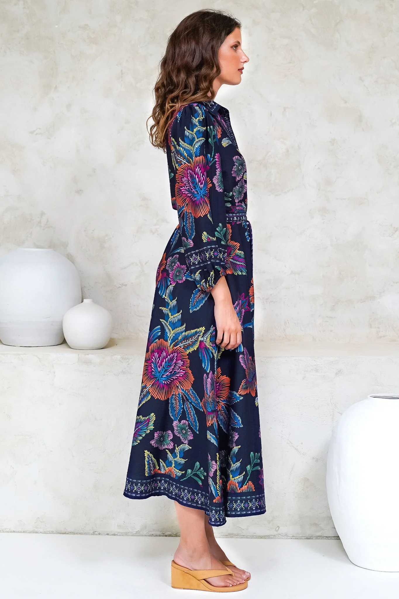 Francis Midi Dress - Collared Shirt Dress with Matching Belt in Elle Print Navy - Image 8