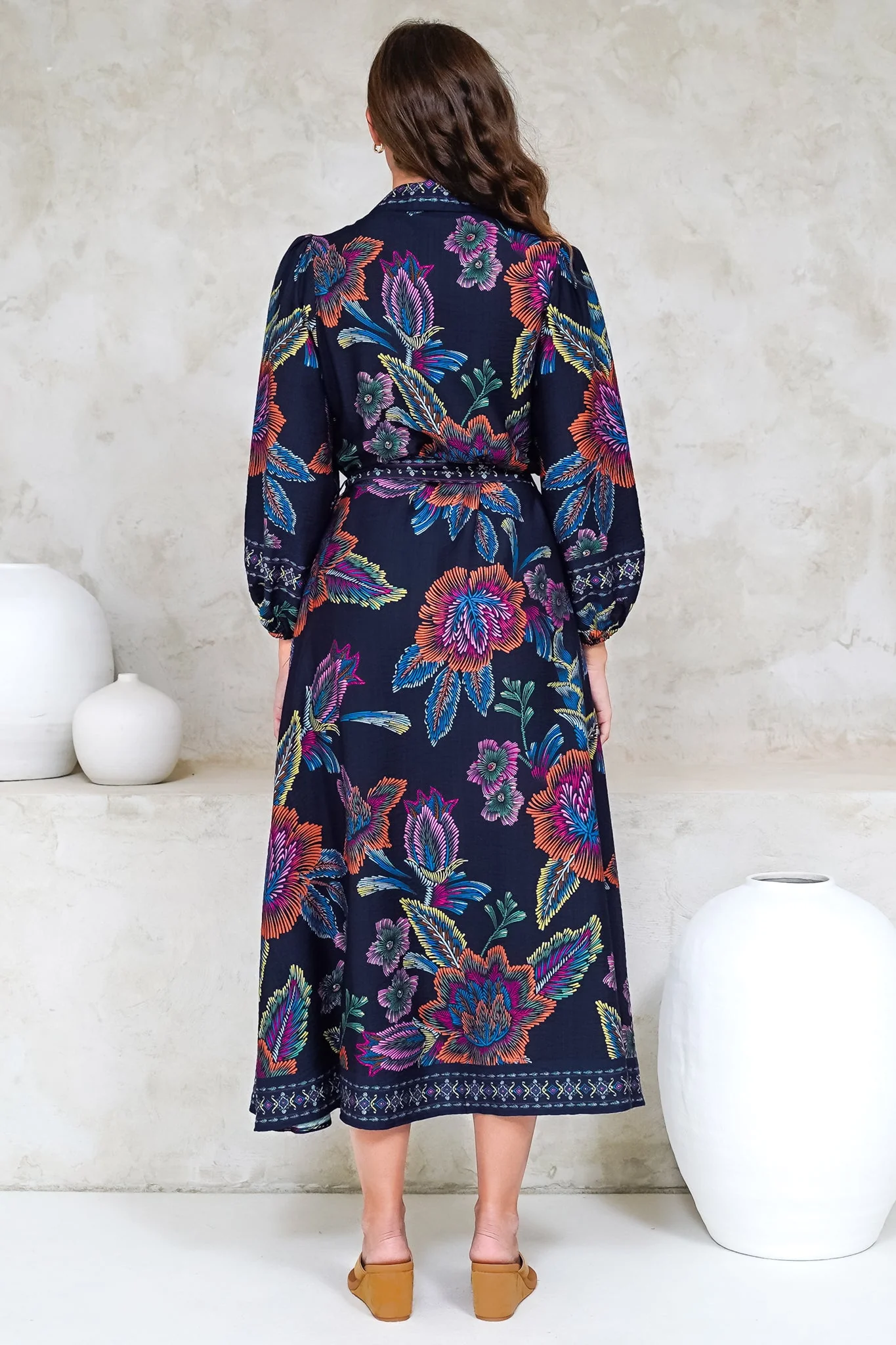 Francis Midi Dress - Collared Shirt Dress with Matching Belt in Elle Print Navy - Image 9
