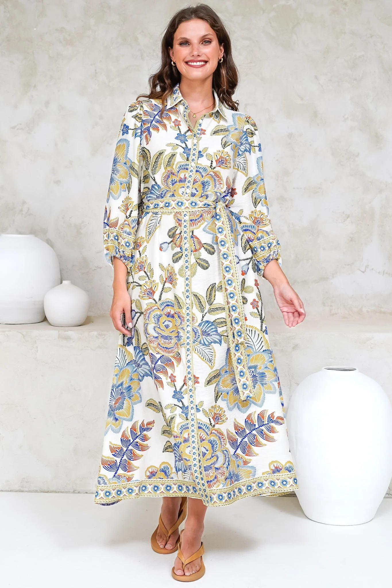 Francis Midi Dress - Collared Shirt Dress with Matching Belt in Elle Print White