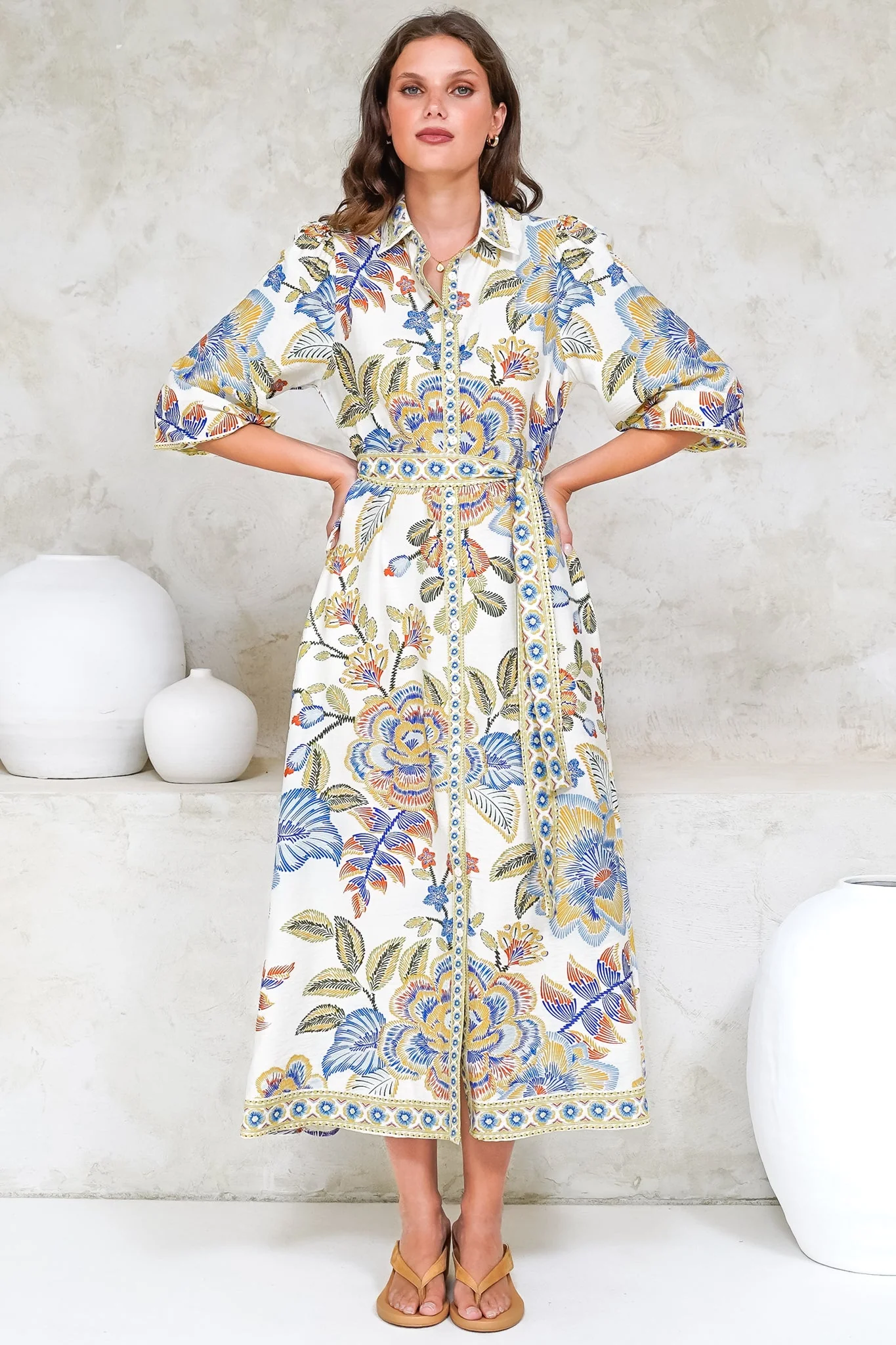 Francis Midi Dress - Collared Shirt Dress with Matching Belt in Elle Print White - Image 2